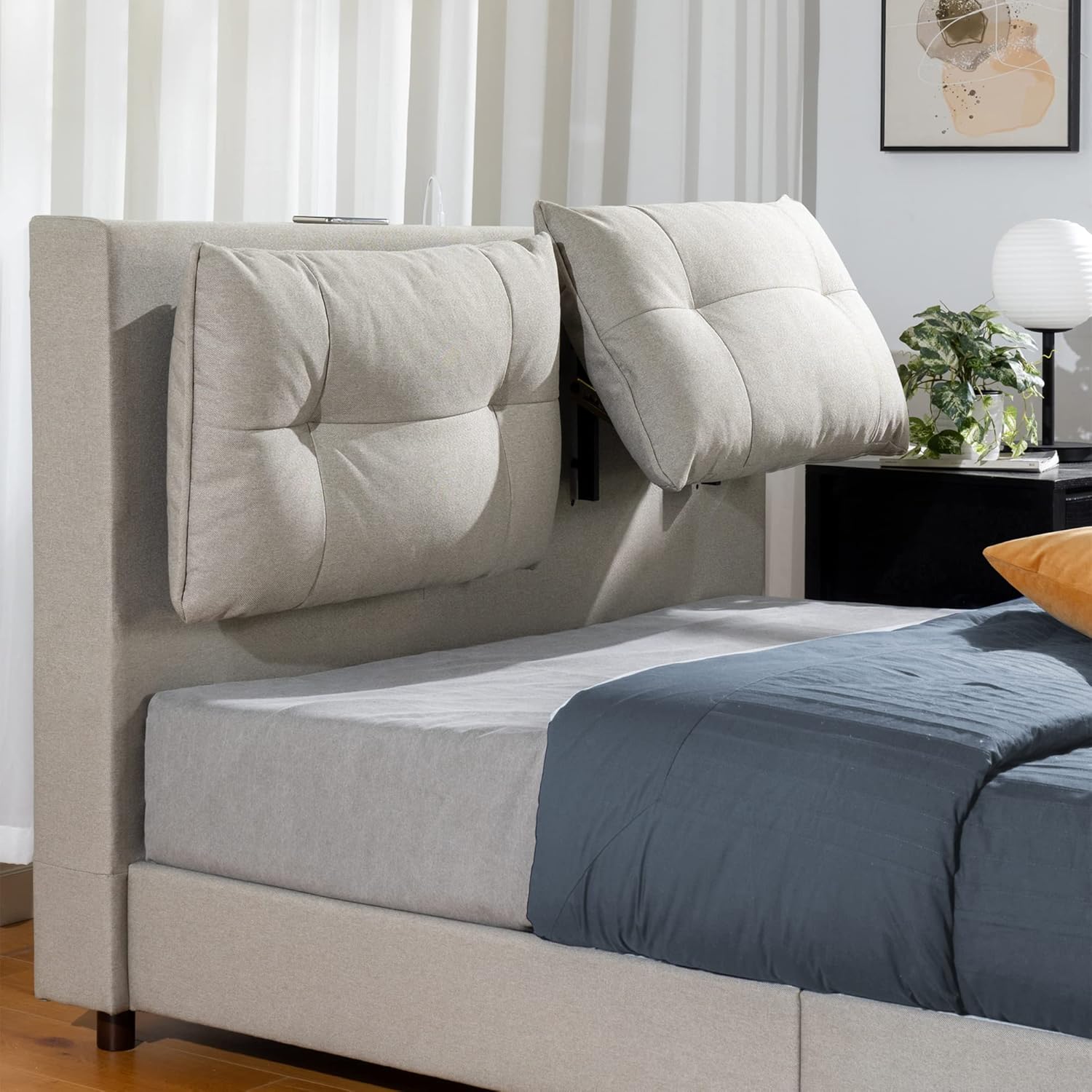 ZINUS Avery – Cama de plataforma con cabecero reclinable y puertos USB, no necesita somier, cabecero ajustable acolchado con altura personalizable,