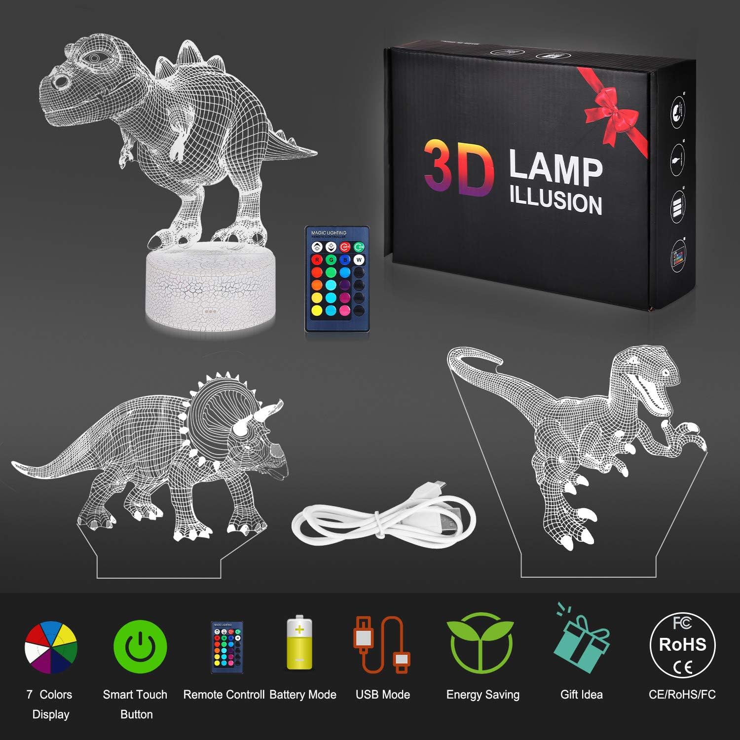 VSATEN Dinosaur Night Light for Kids, 3D Illusion Lamp 3-Pattern & 16 Colors Changing LED Dino Nightlight with Smart Touch & Remote Control,
