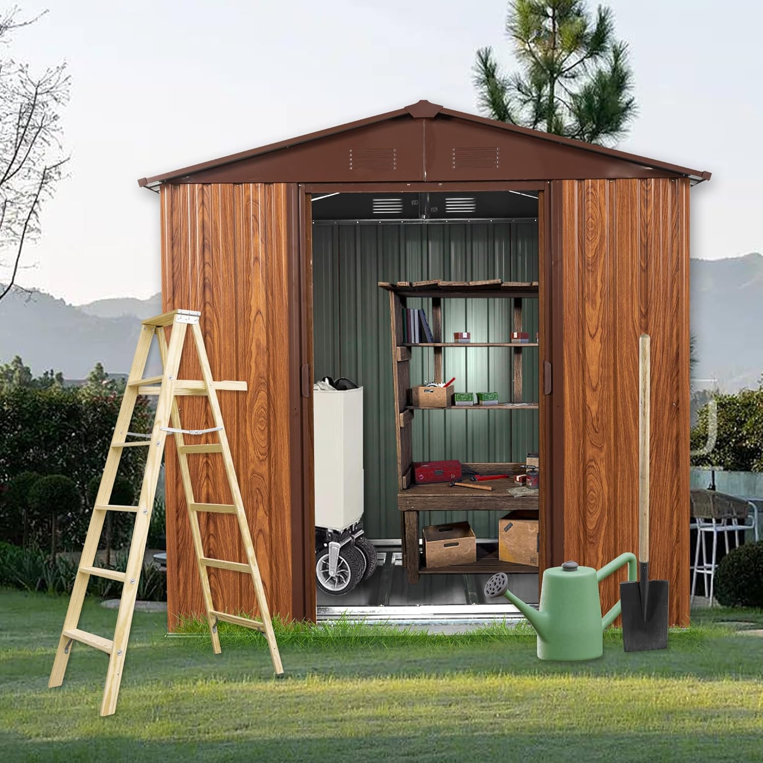 Lifeand Cobertizo de almacenamiento de metal para exteriores de 6 x 6 pies con base de piso de metal con ventana