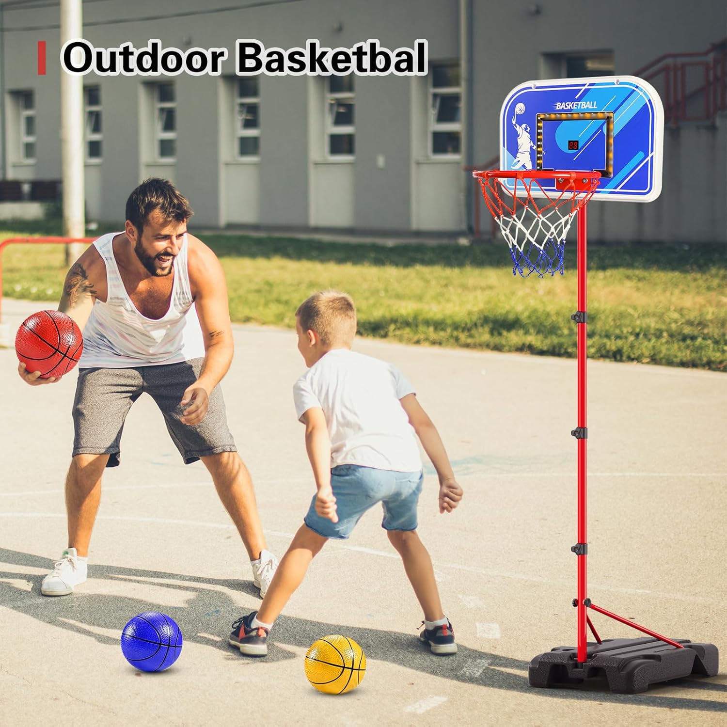 VATOS Aro de baloncesto para interiores para niños y niños pequeños, juego de portería de baloncesto de altura ajustable con luz LED y marcador y 3
