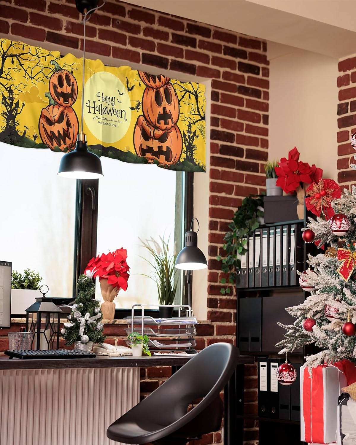 Window Valance Curtain for Kitchen, Halloween Pumpkin Bat Branch Castle Moon 42″x12″ Rod Pocket Window Treatment Valance Privacy Toppers Drape for