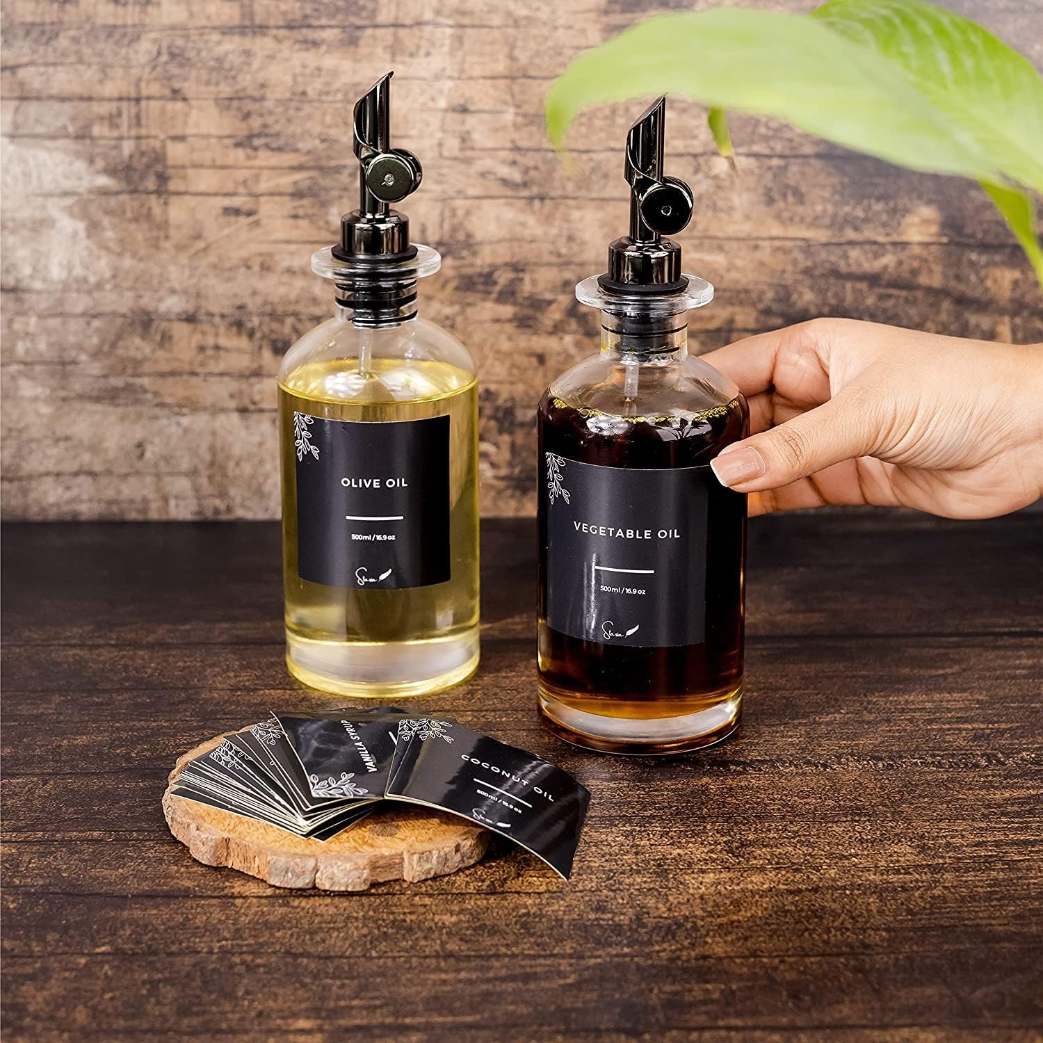 Botella dispensadora de aceite de oliva para cocina, boquilla gratis, 40 etiquetas y embudo, juego dispensador de aceite y vinagre, botella de