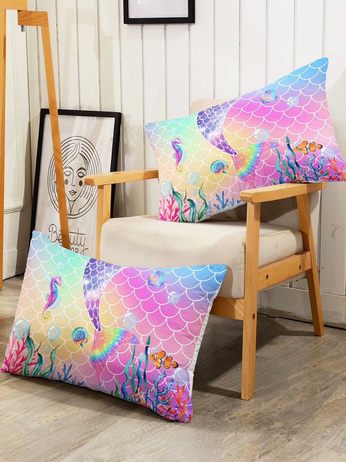 Datura home Juego de edredón de cama con estampado de cola de sirena rosa arcoíris con 1 y 2 fundas de almohada para dormitorio de niñas para todas