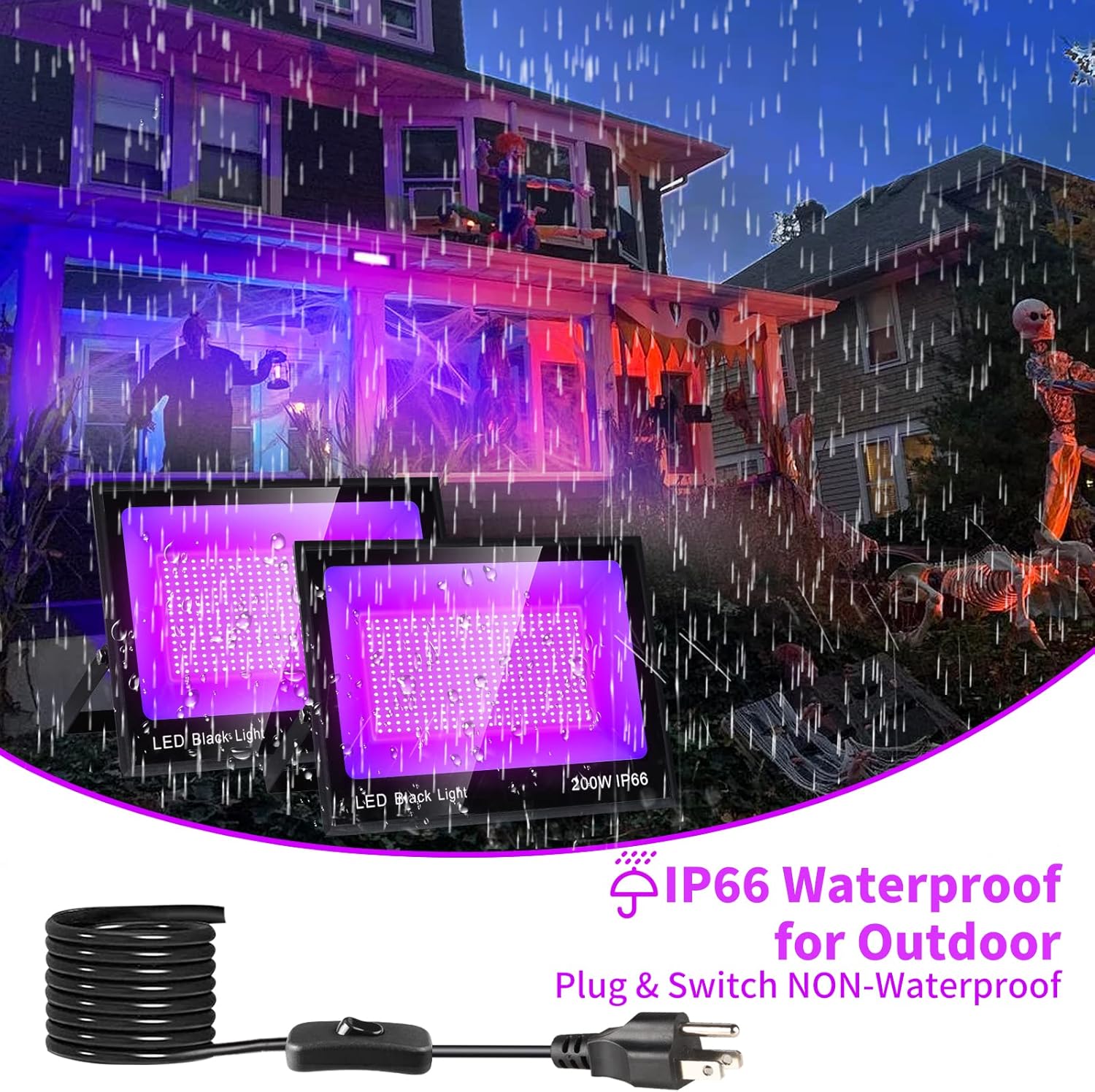 Paquete de 2 luces LED negras mejoradas de 200 W con cable de 10 pies, luz de inundación de luz negra impermeable IP66 para exteriores con