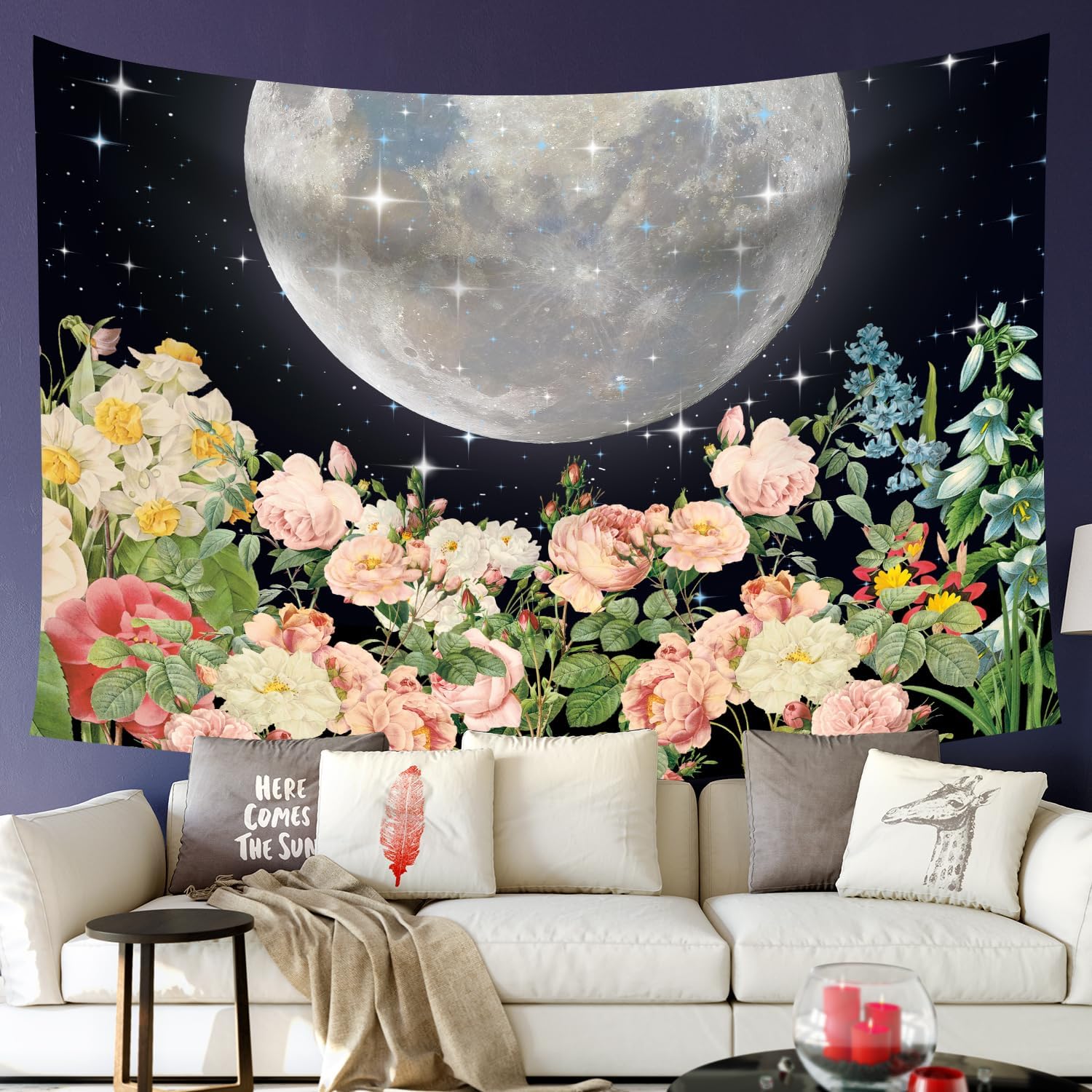 Color Duty GTXPCD556 – Tapiz bohemio de plantas florales para colgar en la pared, 80 x 60 pulgadas, luna, estrella, cielo, bohemio, acuarela,