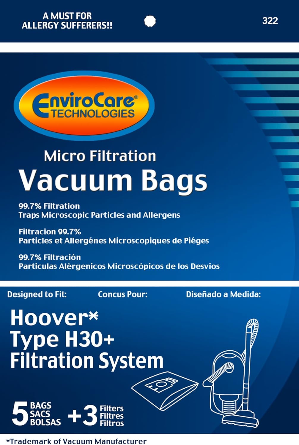 EnviroCare Bolsas de repuesto para aspiradora de microfiltración diseñadas para adaptarse a recipientes Hoover H30+, 5 bolsas y 3 filtros