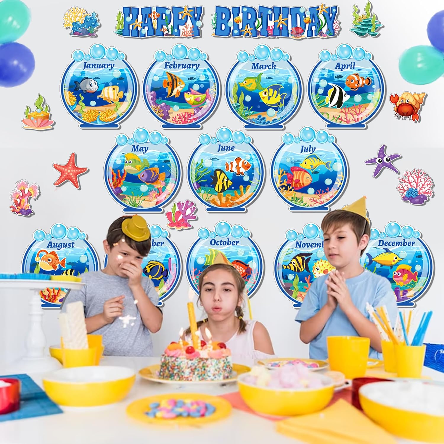Juego de 48 tablones de anuncios de cumpleaños bajo el mar, decoración de aula temática oceánica, feliz cumpleaños, decoración de peces de animales