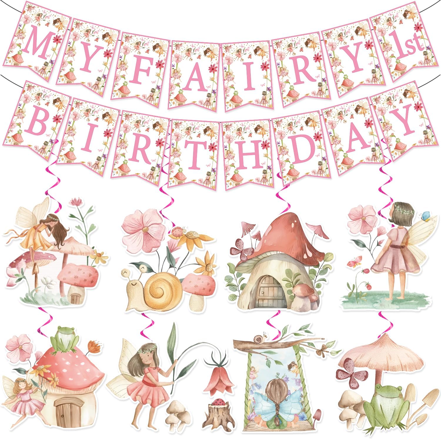 NO-DIY – Cartel de decoración de primer cumpleaños con diseño de hada con diseño de hadas, decoraciones de fiesta de cumpleaños con temática de