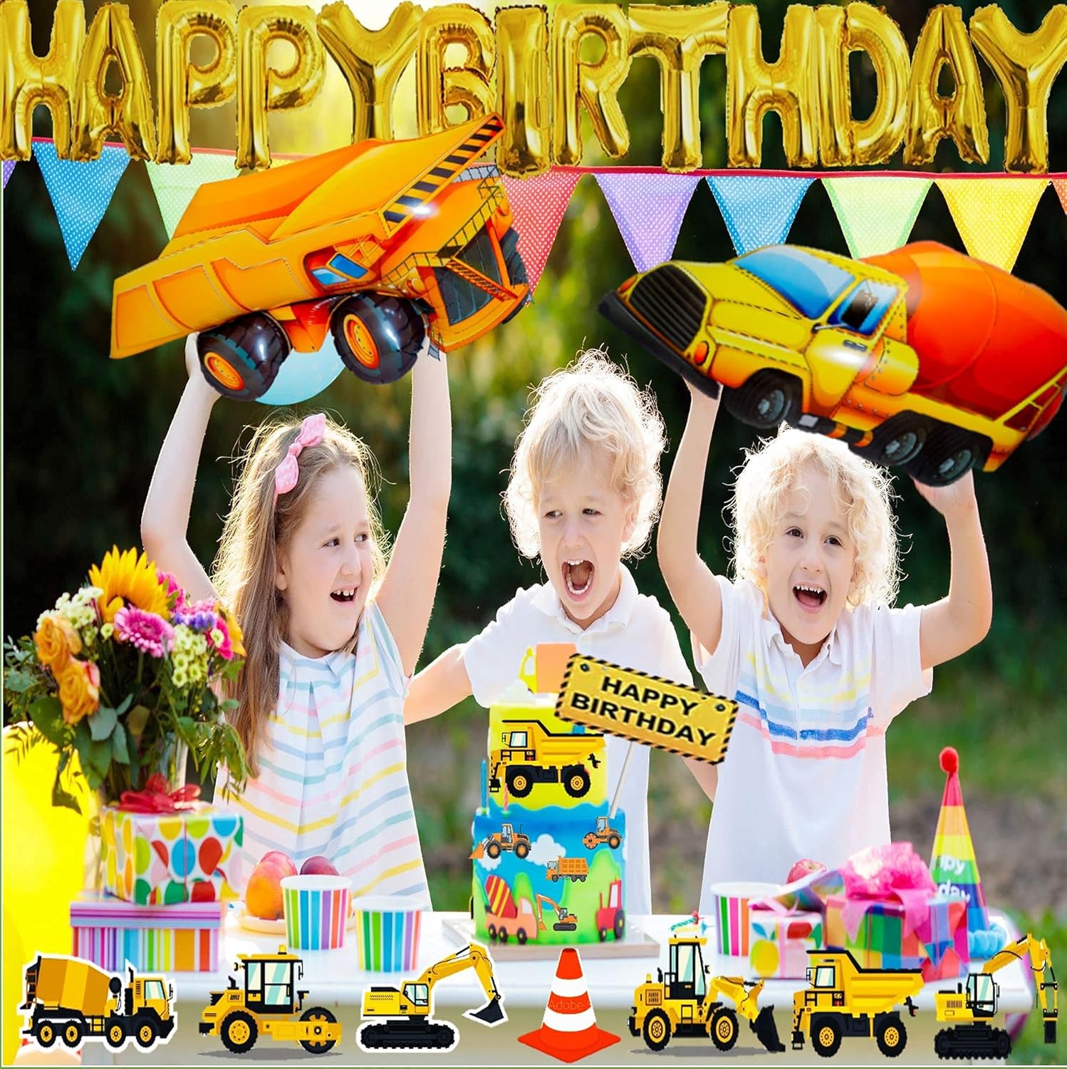 Decoraciones de 2 cumpleaños para niños, suministros de fiesta de cumpleaños de construcción, decoraciones de segundo cumpleaños para niños de 2