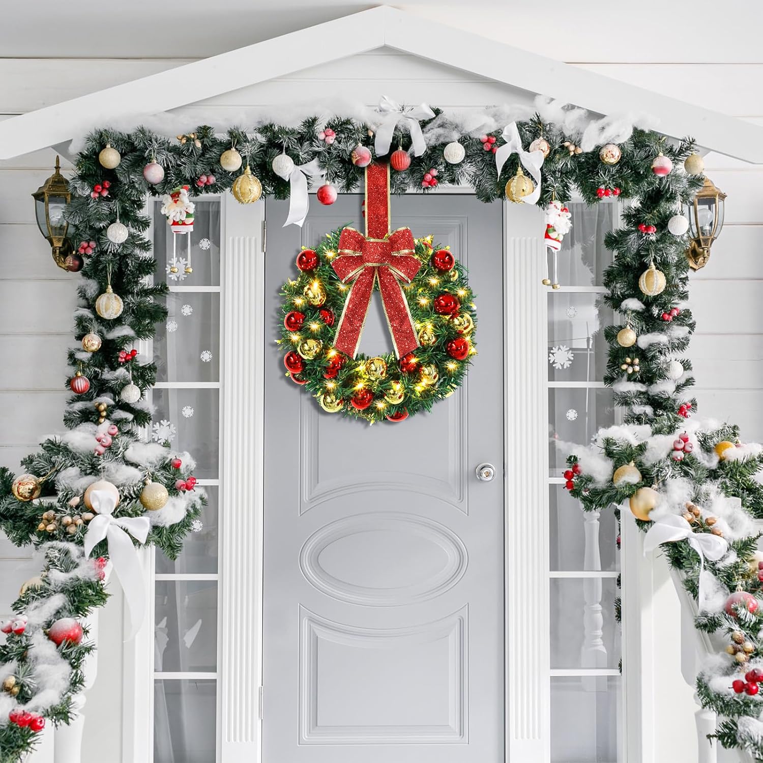 8 coronas de Navidad pequeñas iluminadas de 13.8 pulgadas, corona de aguja de pino artificial de Navidad con lazo grande, funciona con pilas,