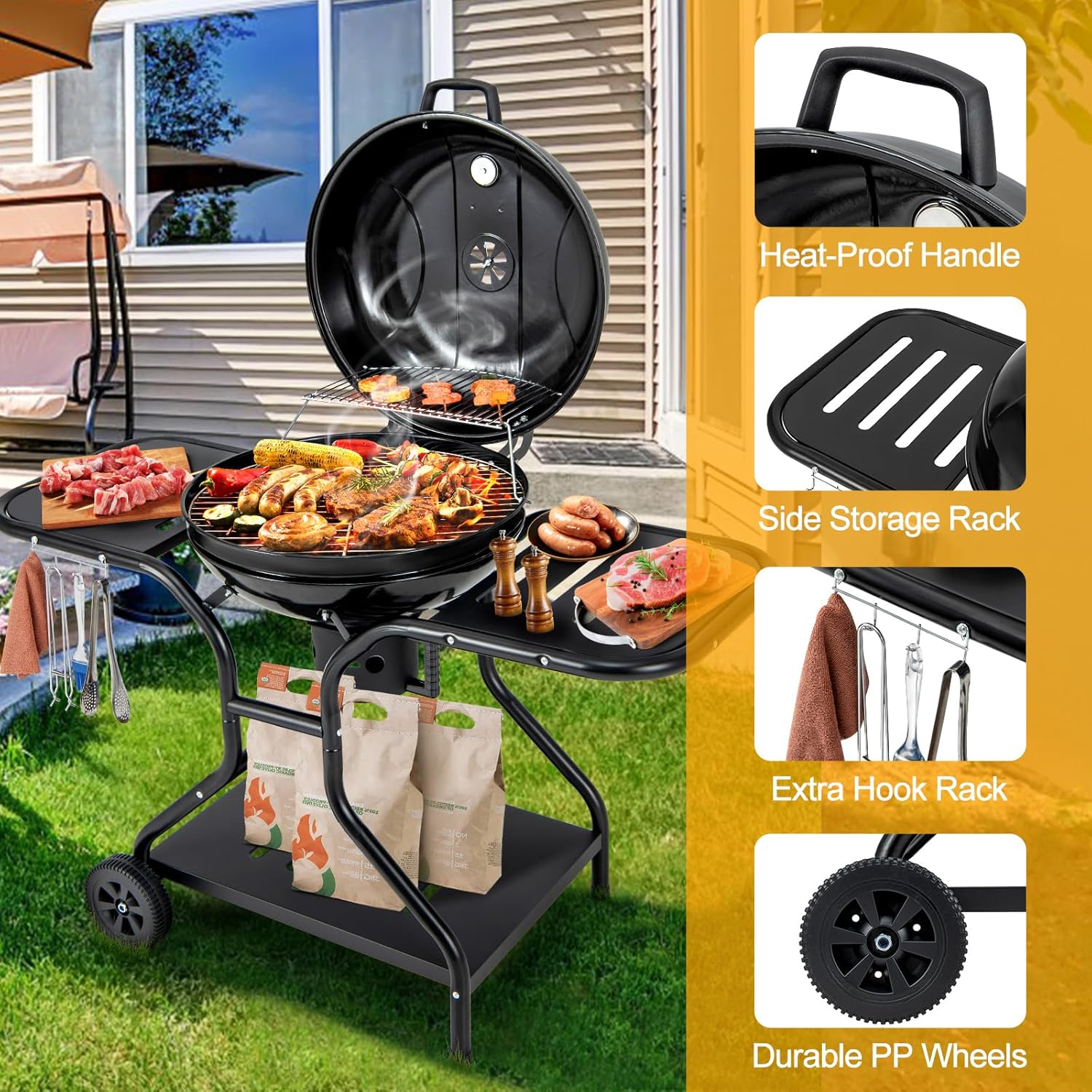 Giantex Kettle – Parrilla de carbón de 22 pulgadas, cuerpo y tapa esmaltados de porcelana, 2 mesas auxiliares con 4 ganchos, estante de