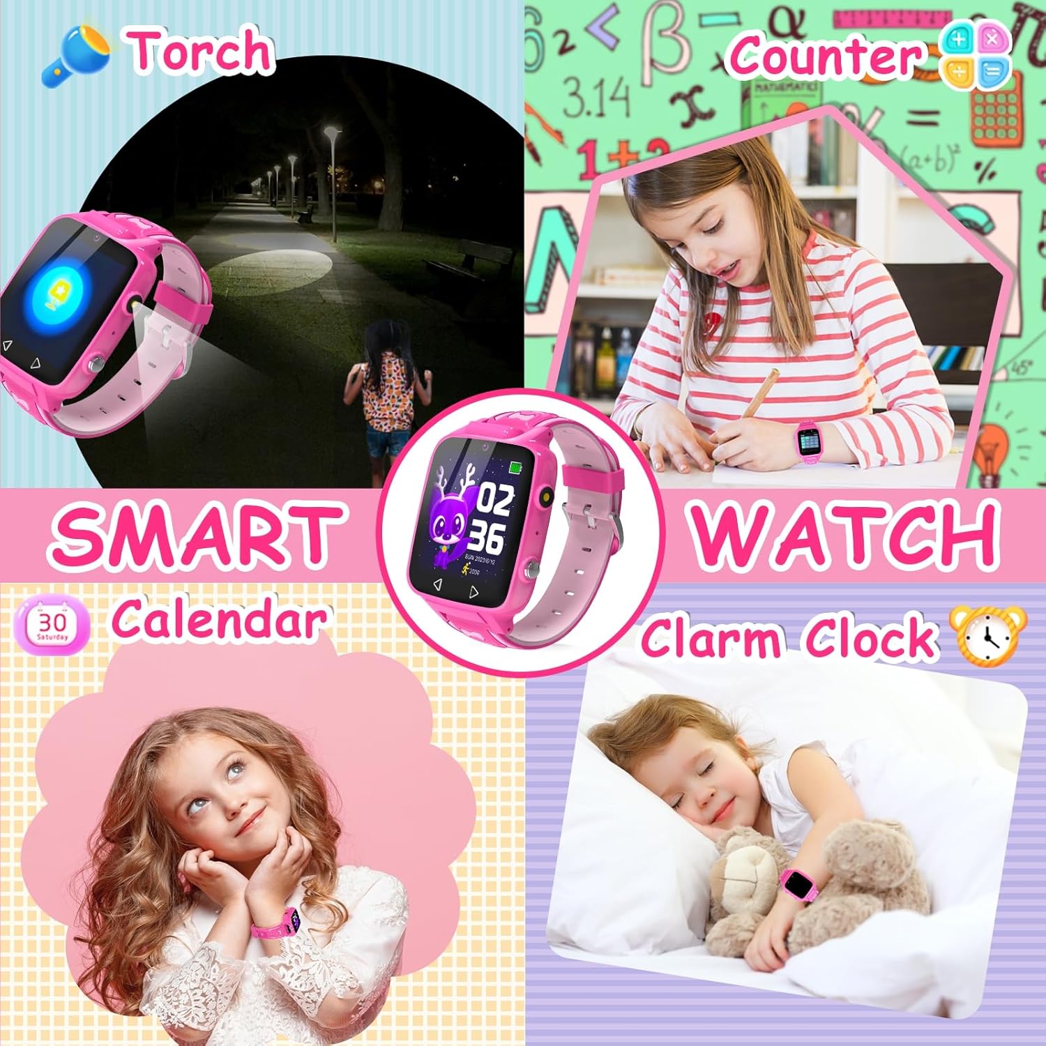 Reloj inteligente para niñas con 25 juegos de rompecabezas, calculadora de video, pantalla táctil HD, reloj despertador, podómetro, relojes para