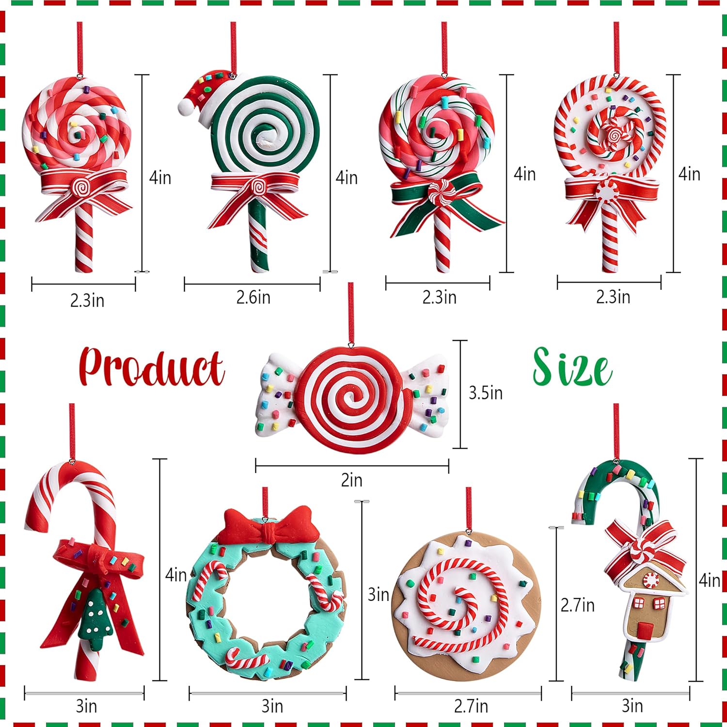 9 adornos de piruleta de Navidad, adornos de arcilla polimérica de caramelos de Navidad, decoración de Navidad, decoración colgante de bastón de