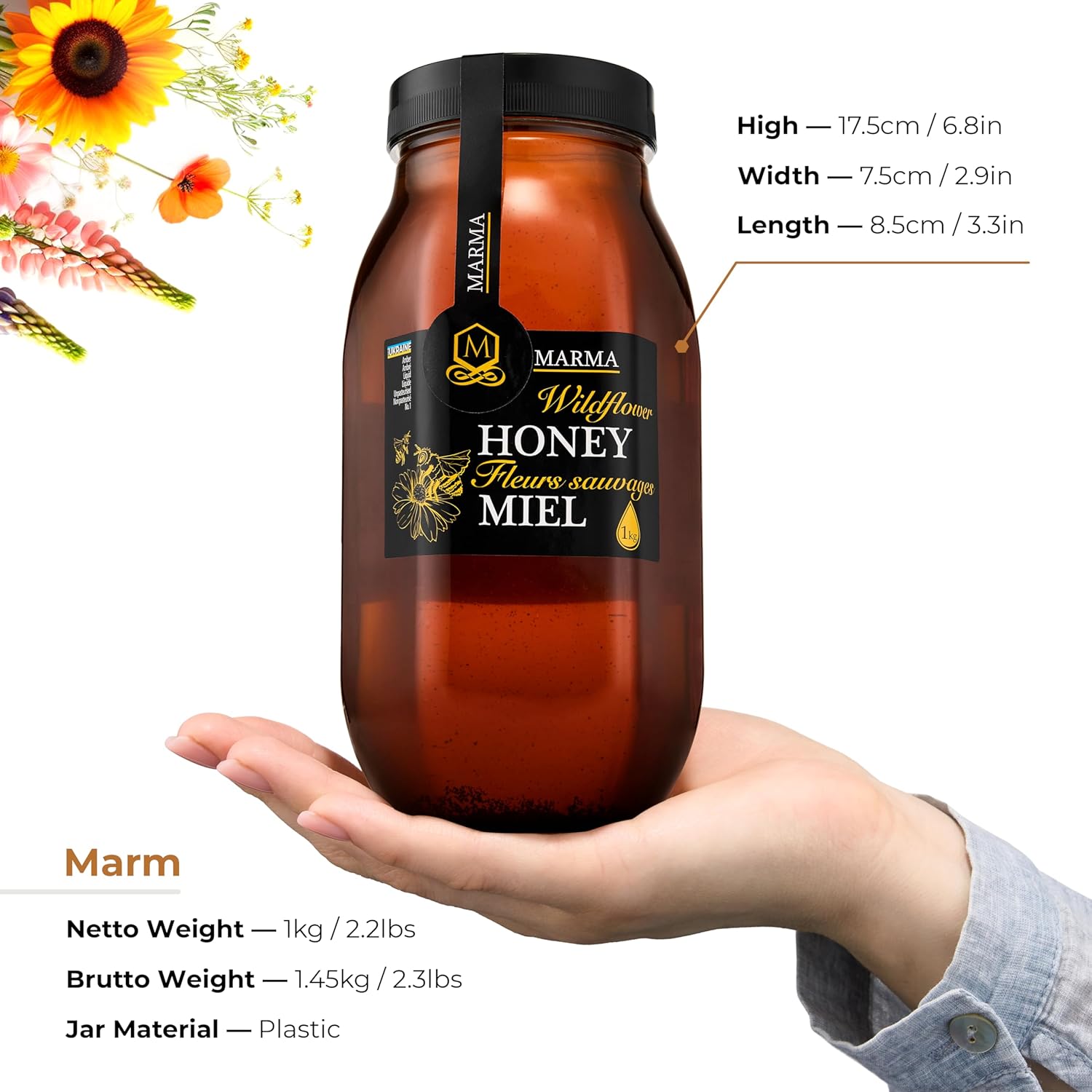HONIGMA Marma – Miel de flores silvestres  Sabor exquisito  100% pura  Cristalizada  Sin pasteurizar  Sin filtrar  35.2 oz  Paquete de 6