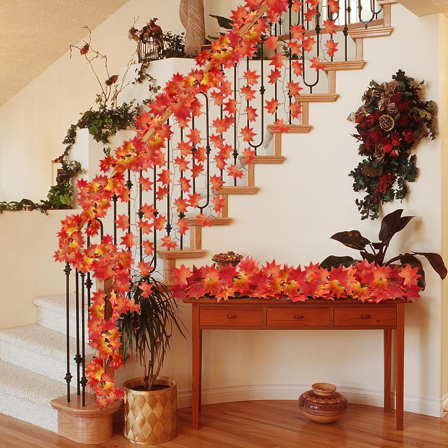 Anftraer – Paquete de 12 guirnaldas de hojas de otoño, guirnalda de vides de otoño artificiales, guirnalda de hojas de arce de otoño, decoración de