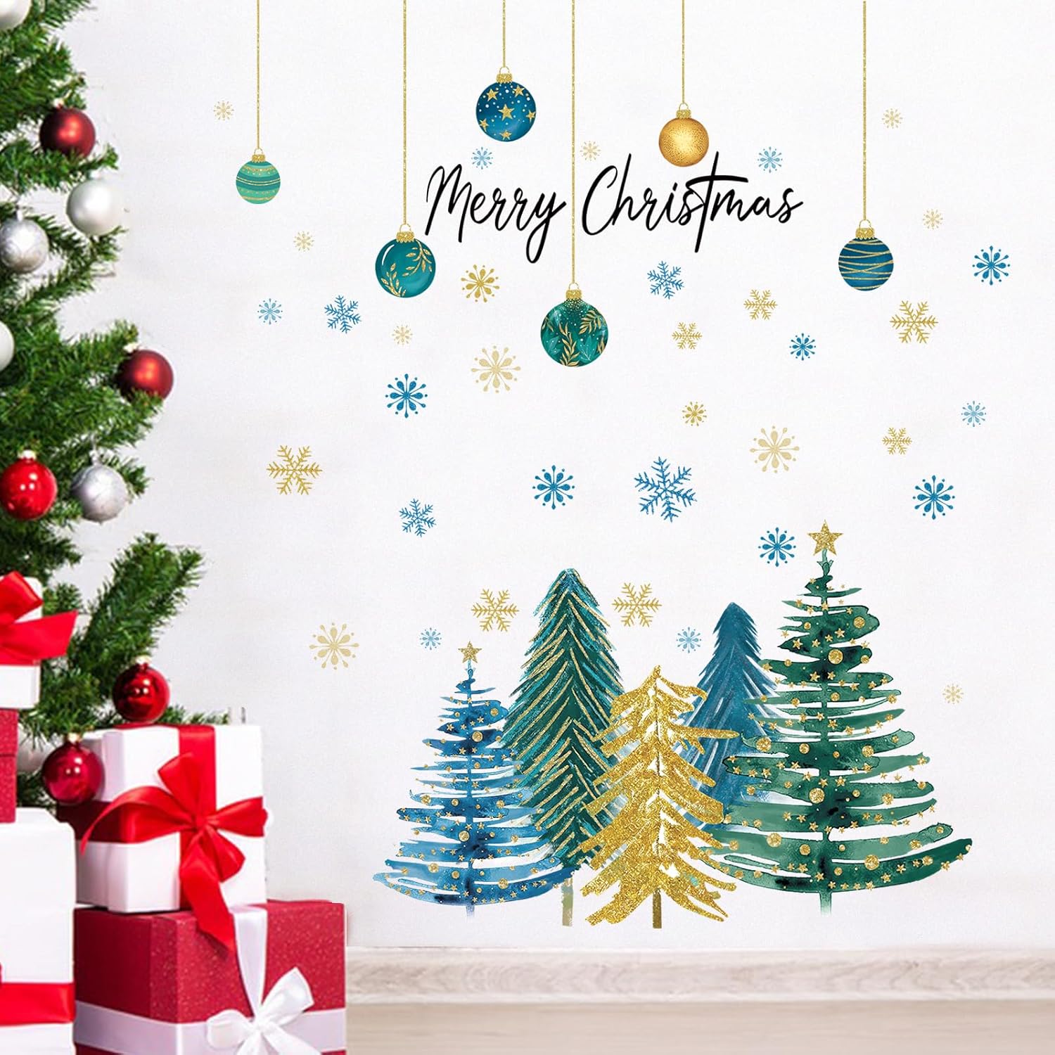 Yovkky Calcomanías de pared con diseño de árbol de Navidad, bola de Navidad de Año Nuevo, copo de nieve, estrella, decoración de dormitorio,