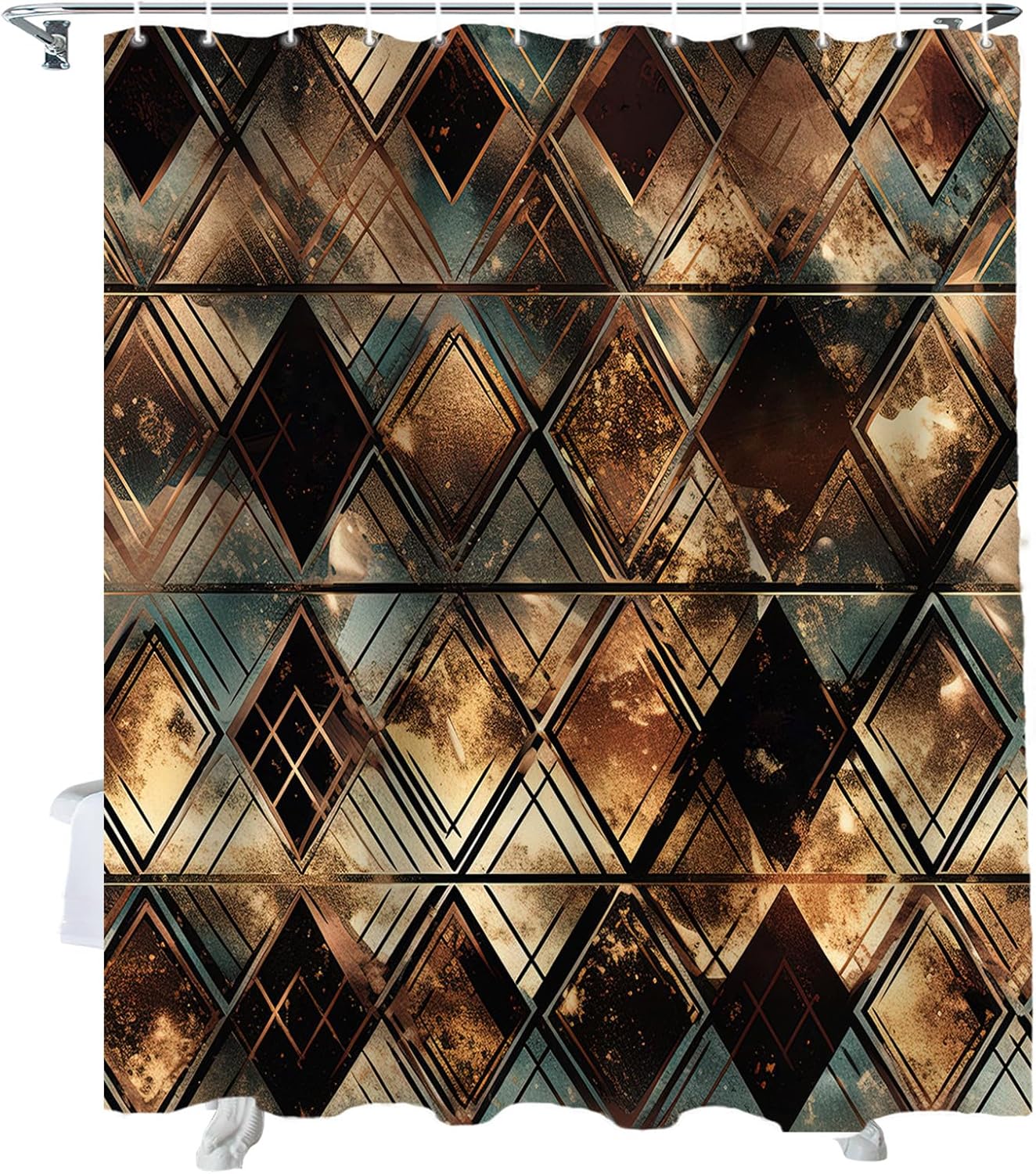 Juego de cortinas de ducha impermeables con 12 ganchos, diseño geométrico de rombos dorados, negro, azul, 72 x 72 pulgadas, cortina de ducha para