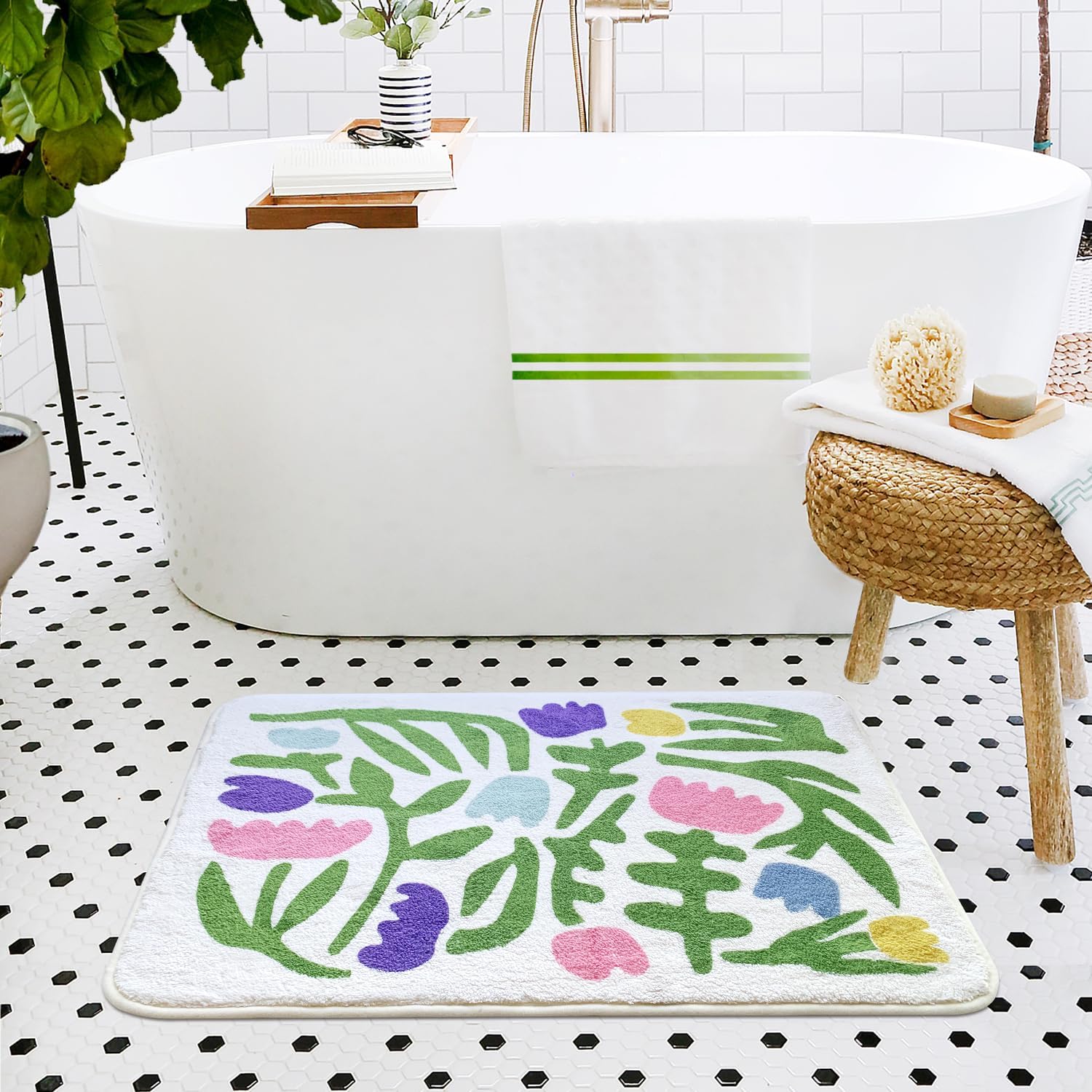 SHIYUE Alfombra de baño con diseño de flores coloridas para alfombras de baño, microfibra ultrasuave y esponjosa, absorción de agua, antideslizante,