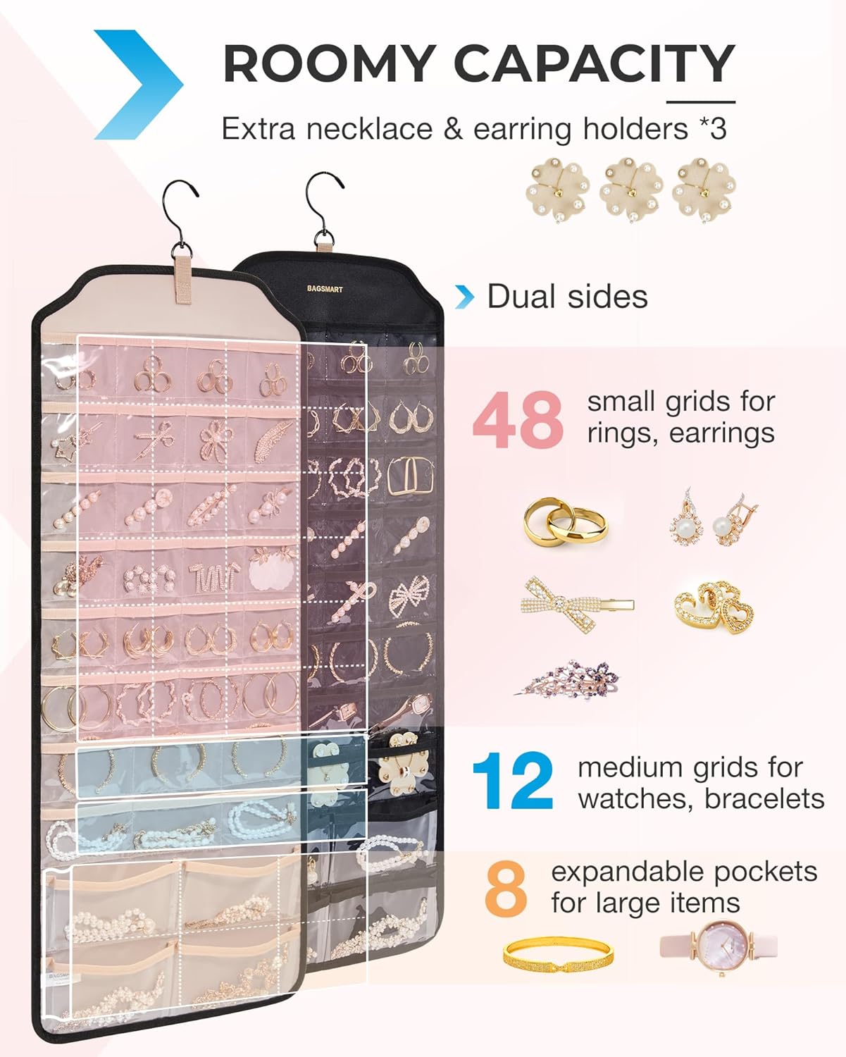 BAGSMART Organizador colgante de joyas, organizador de accesorios, organizador de aretes de 68 bolsillos, organizador para colgar joyas, grande,