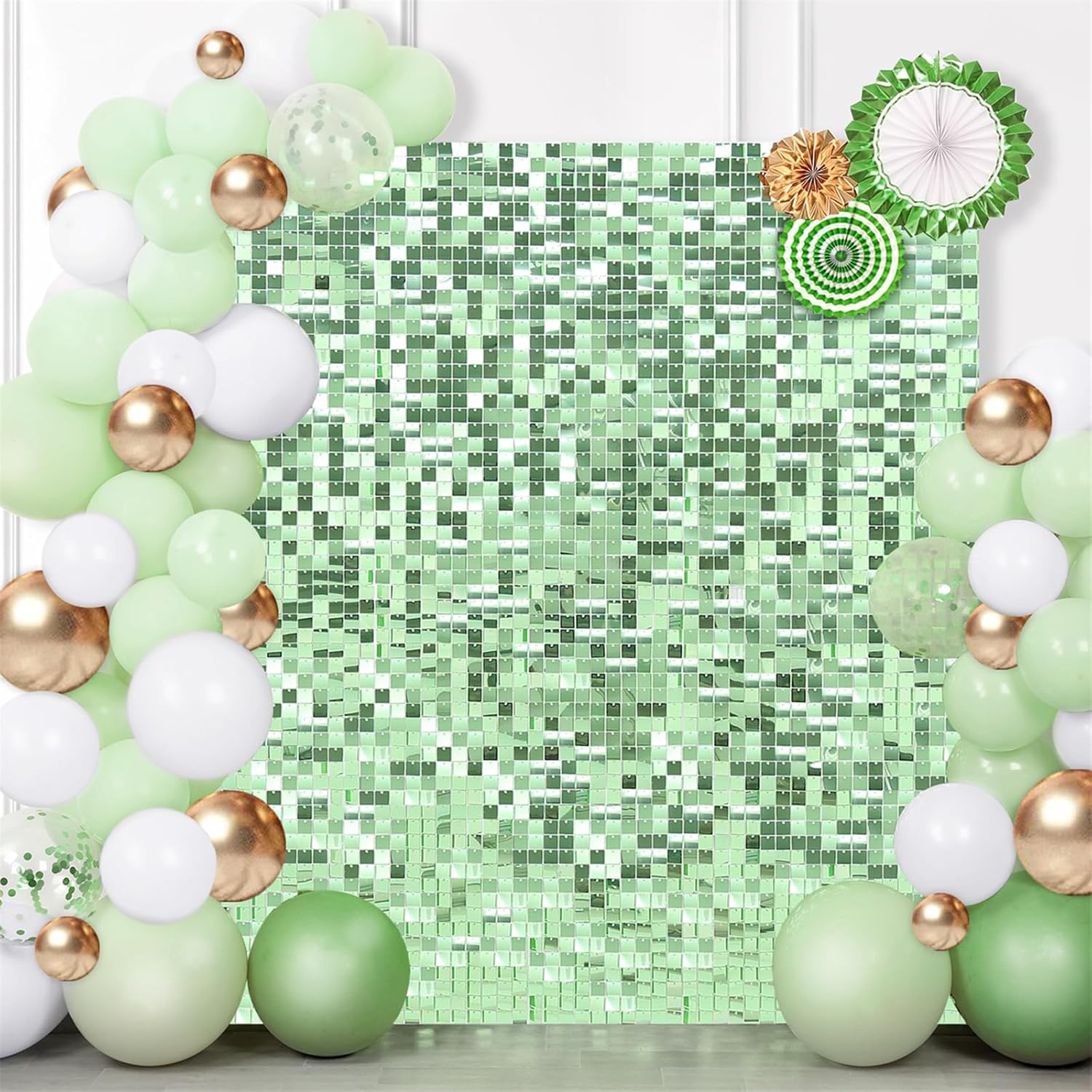 Telón de fondo de pared verde salvia brillante con lentejuelas, paneles de decoración de fiesta, fondos de fotografía, paneles de pared para