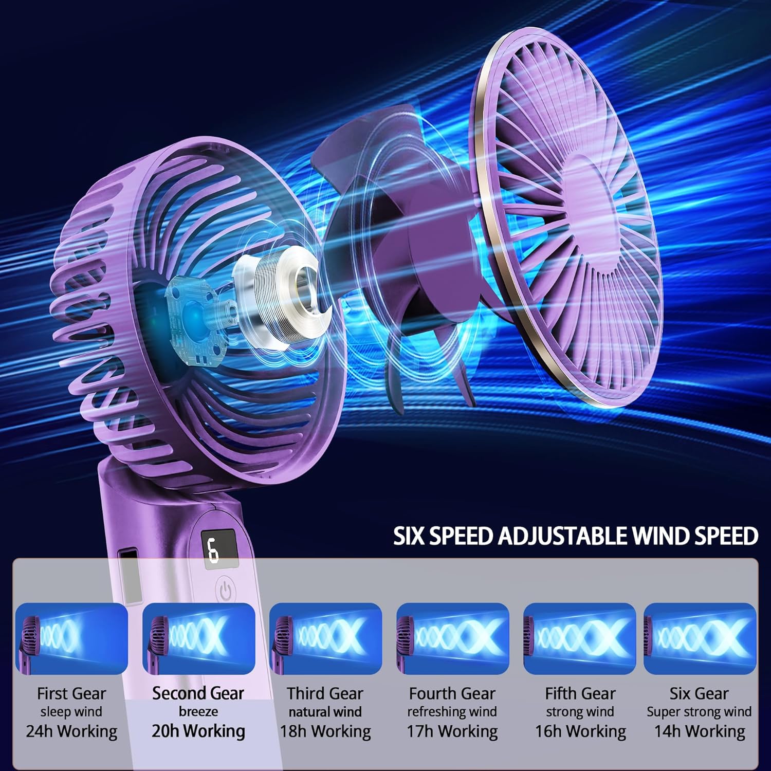 Ventilador de mano, ventilador portátil, ventilador personal recargable por USB de 4000 mAh, mini ventilador de escritorio plegable de 180, 6