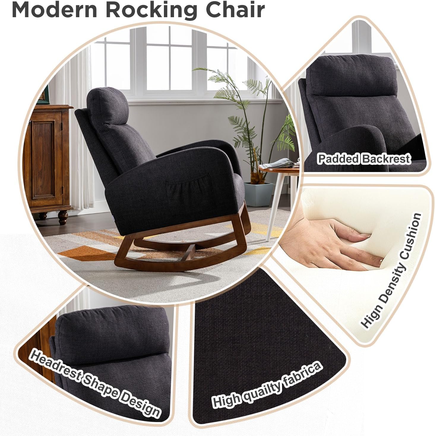 Mecedora moderna, silla mecedora tapizada para bebé, cómoda silla con bolsillo lateral, sillón para sala de estar, respaldo alto con diseño en forma