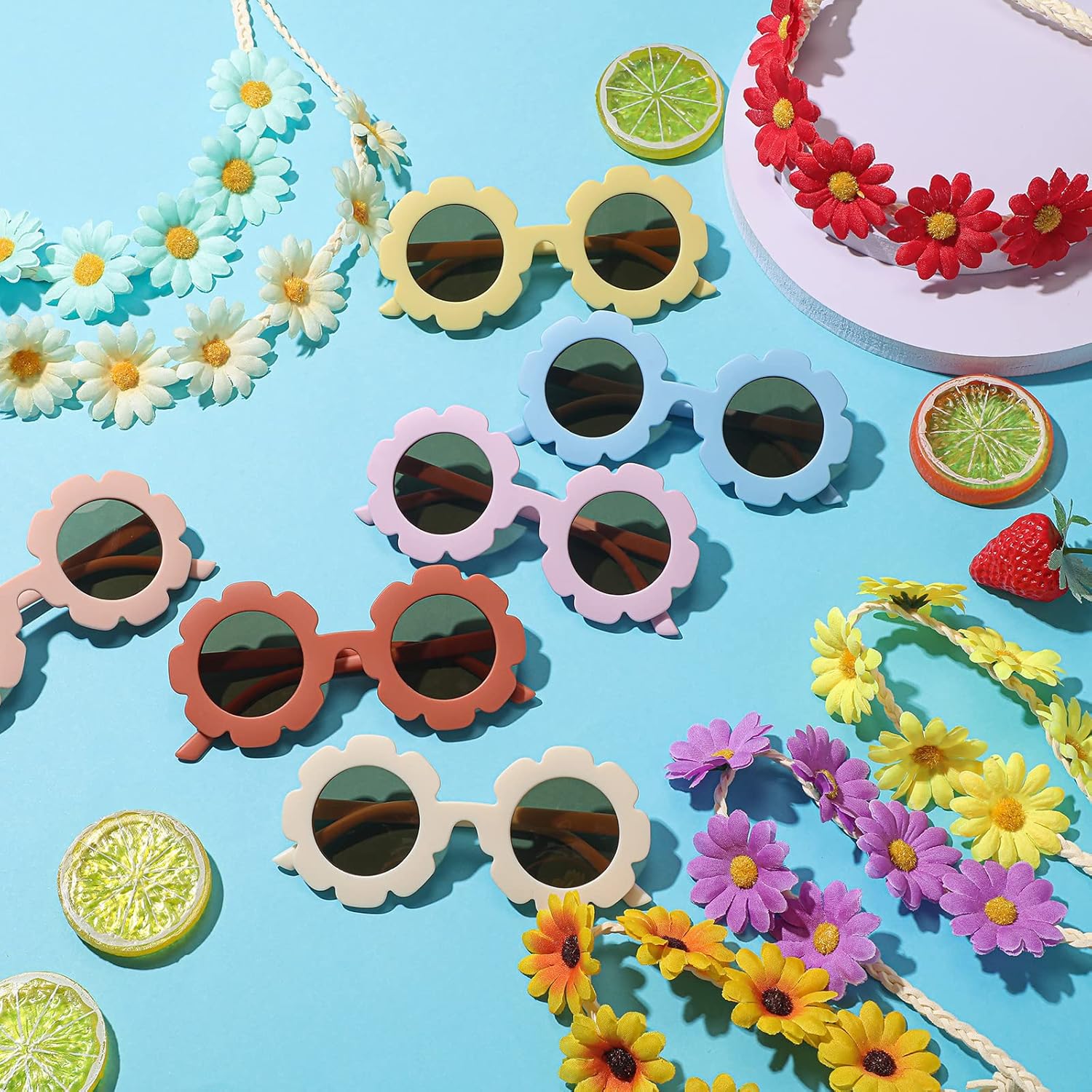 CHENGU Juego de diademas de lentes de sol con flores retro, decoraciones de fiesta hippie (estilo vivo, 20 piezas)