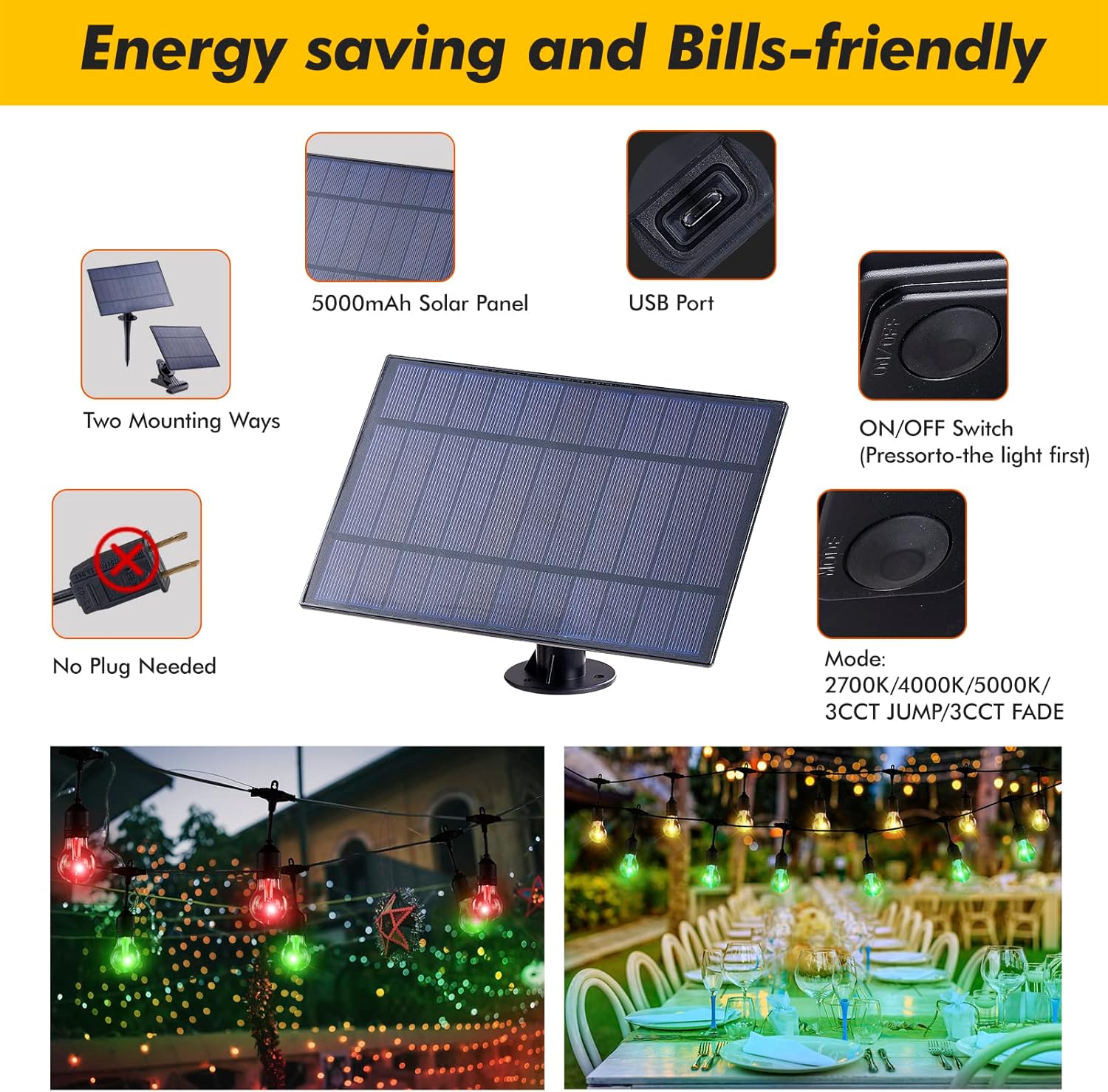 Luces solares multicolores, tira de luces de patio al aire libre regulable de 96 pies con bombillas Edison inastillables, control remoto, luces