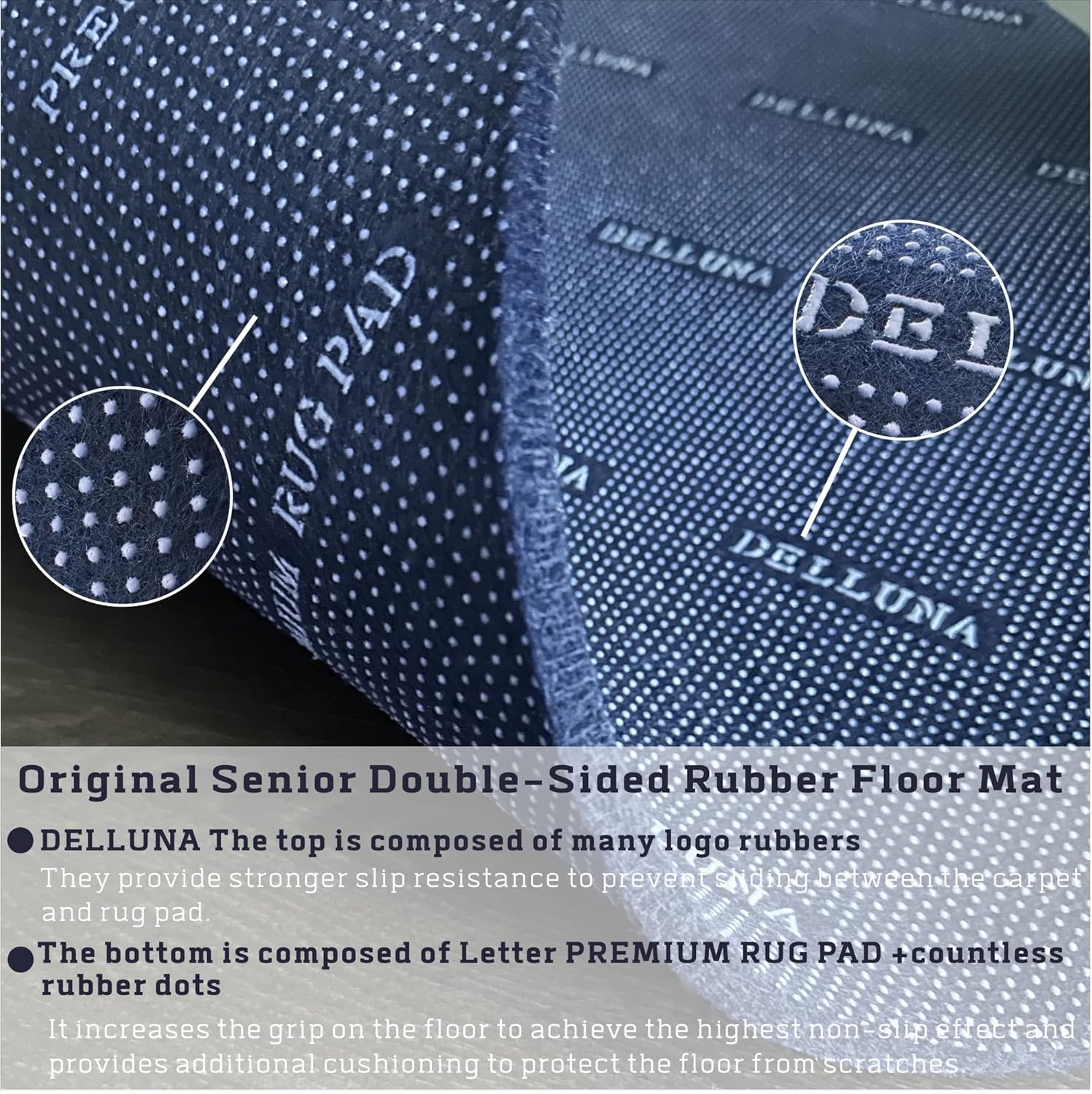 DELLUNA Almohadilla antideslizante de 3 x 5 pies, 38 pulgadas de grosor de goma doble cara + fieltro, acolchada de lujo de alta calidad, segura para
