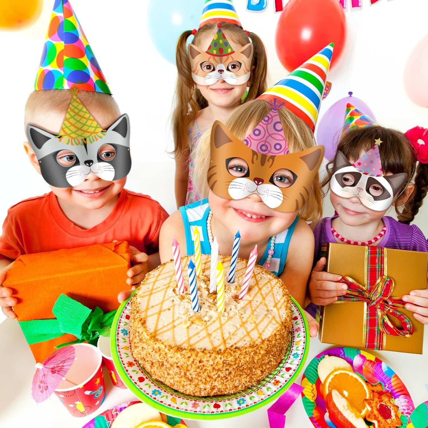 Juego de 16 máscaras de animales DIY, máscara para colorear de gato, máscara de fiesta de gato con 24 piezas de bolígrafo de acuarela, máscara en