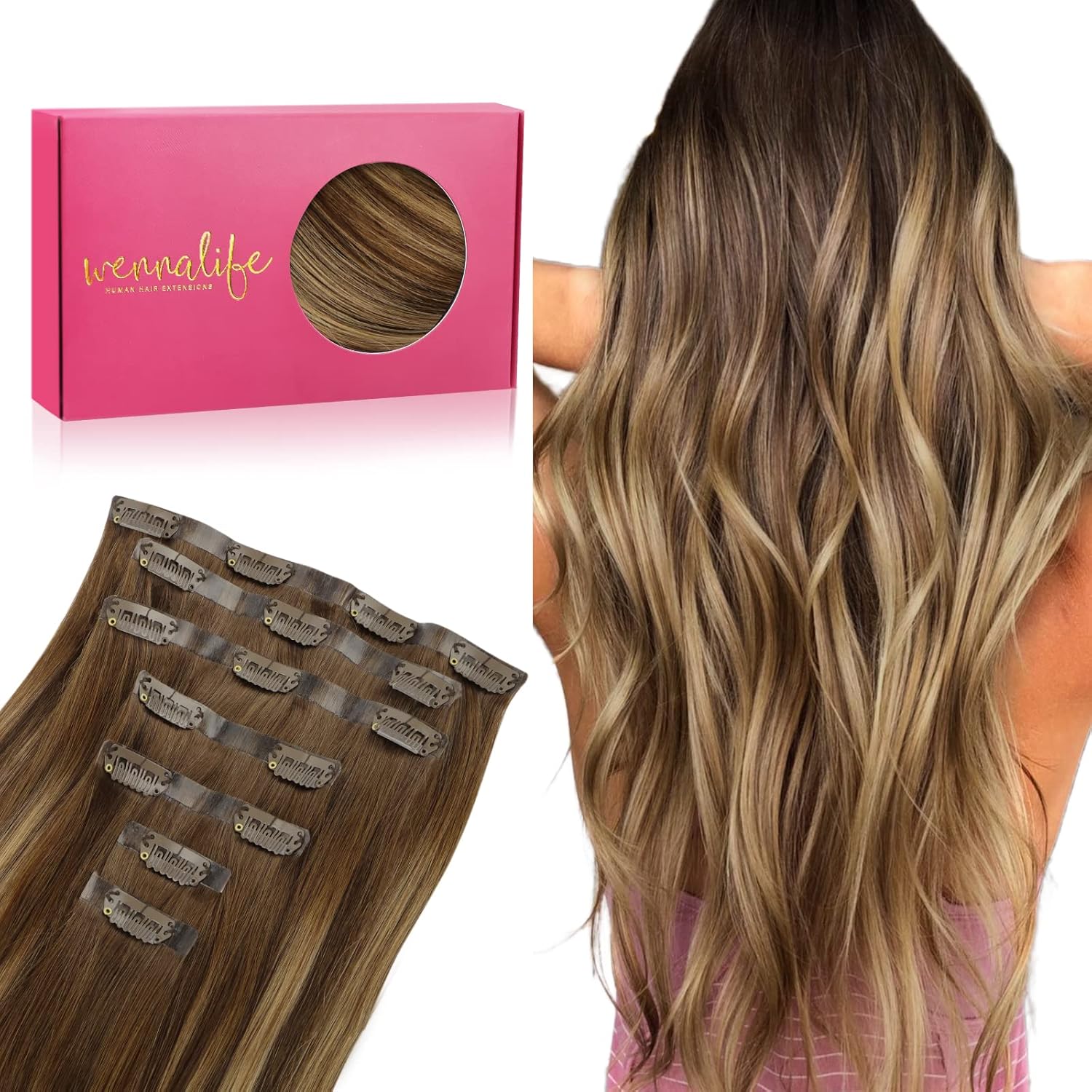 Wennalife – Extensiones de cabello humano sin costuras, clip en extensiones de cabello Remy de 14 a 22 pulgadas 7 unidades 130g a 150g