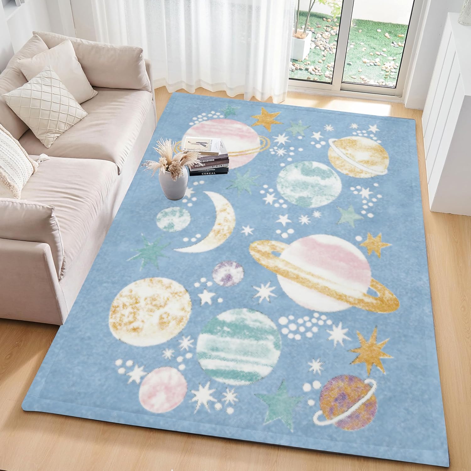 Alfombra de pelo coral con estampado de planetas con respaldo antideslizante en el reverso del tapete para el suelo, alfombra grande de color sólido