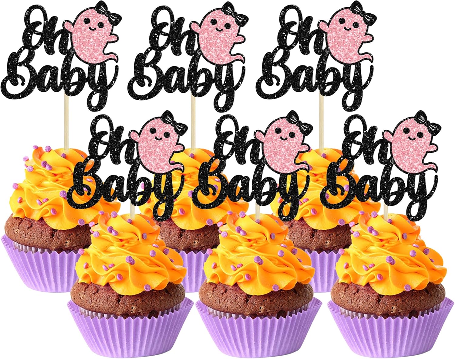 24 adornos para cupcakes Ghost Oh Baby con purpurina negra para Halloween, baby shower, decoración de cupcakes de Halloween para baby shower,