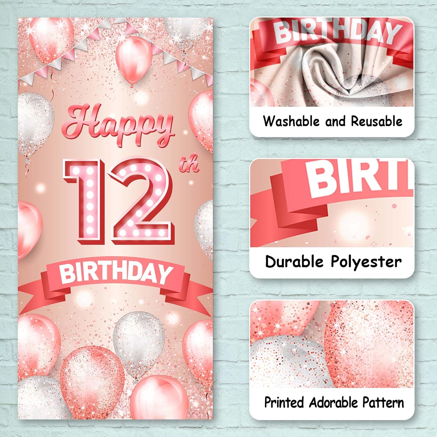 Cartel de feliz cumpleaños número 12 de oro rosa, telón de fondo de globos de confeti de 12 años, decoración temática de globos de confeti para