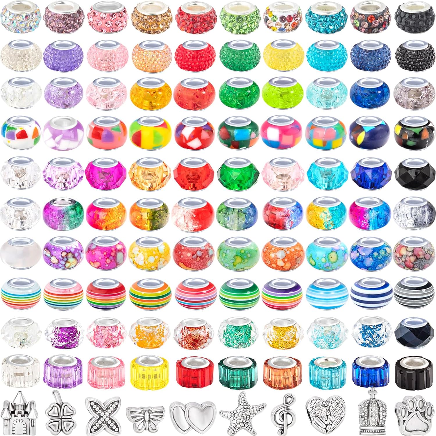 210 cuentas europeas de agujeros grandes, cuentas de manualidades europeas surtidas, cuentas de diamantes de imitación de colores mixtos, cuentas