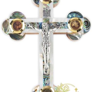 Cruz de madreperla católica de madera de olivo – Crucifijo de pared con reliquias de Tierra Santa Cruz de madreperla católica de madera de olivo – Crucifijo de pared con reliquias de Tierra Santa