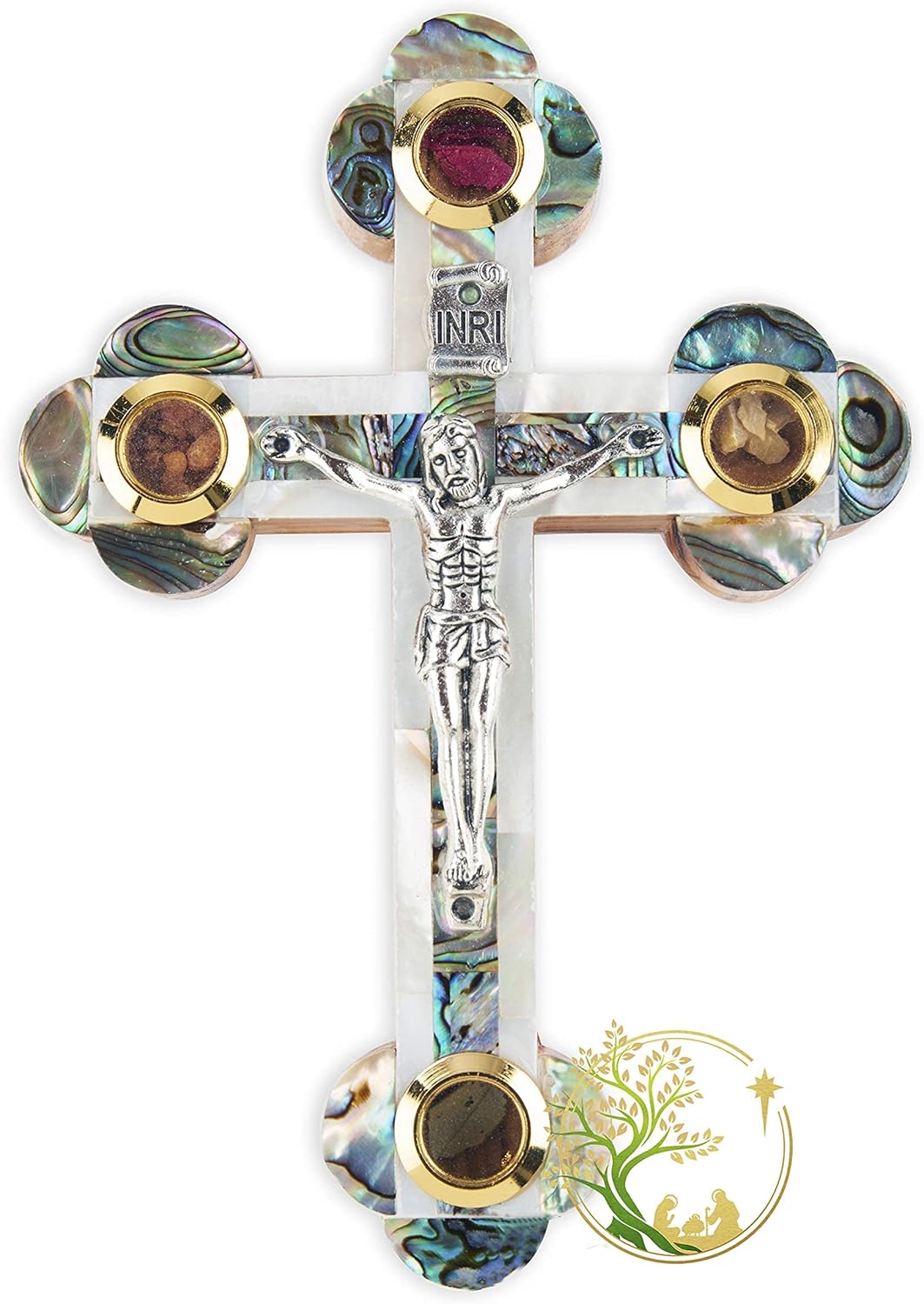 Cruz de madreperla católica de madera de olivo – Crucifijo de pared con reliquias de Tierra Santa