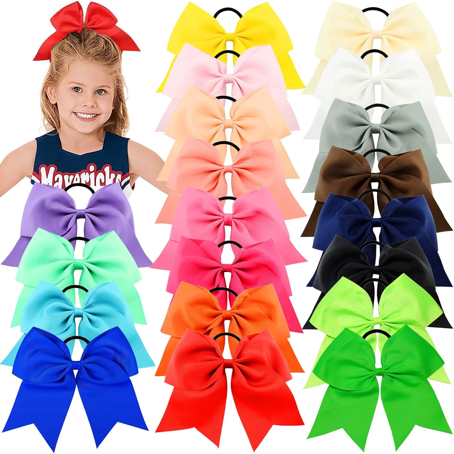 WillingTee 20 lazos grandes de 8 pulgadas para niñas, soporte para cola de caballo, cinta de grogrén, lazos de animadora, bandas elásticas para el
