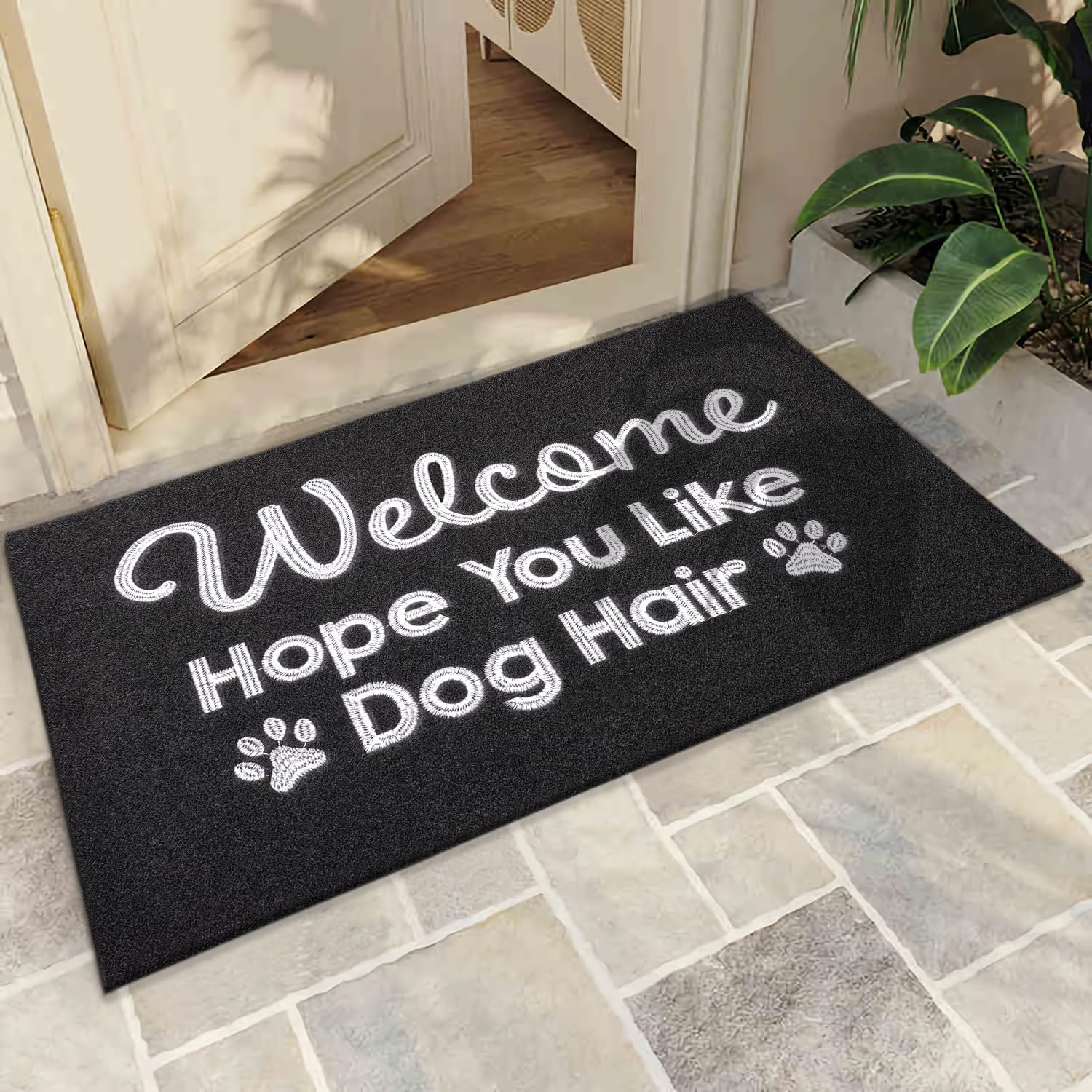 Tapete negro para puerta delantera, tapete de pelo de perro, tapete estándar de bienvenida para puerta delantera, tapete divertido para puerta,