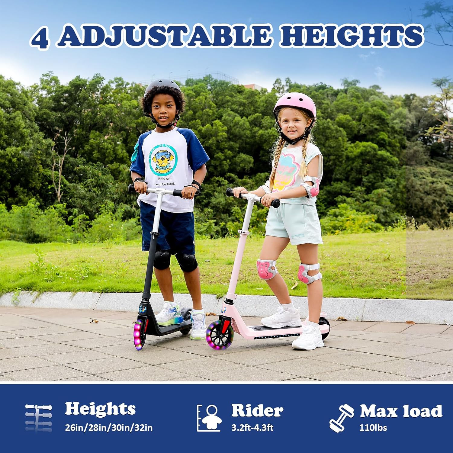 Caroma Patinete eléctrico E32E35 para niños, altura y velocidad ajustables, motor de 150 W, scooter eléctrico para niños de 6 a 12, 10 Mph y 7