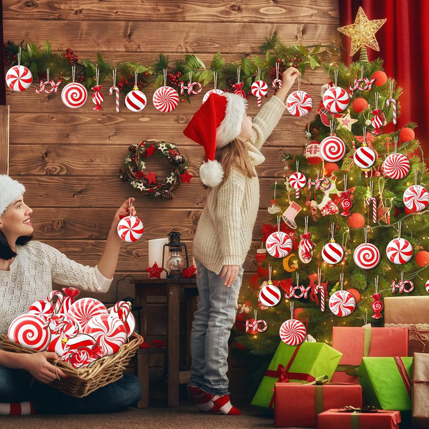 36 adornos para árbol de Navidad de menta, adornos coloridos de madera de menta, adornos de Navidad con piruletas, adornos de Navidad para colgar,