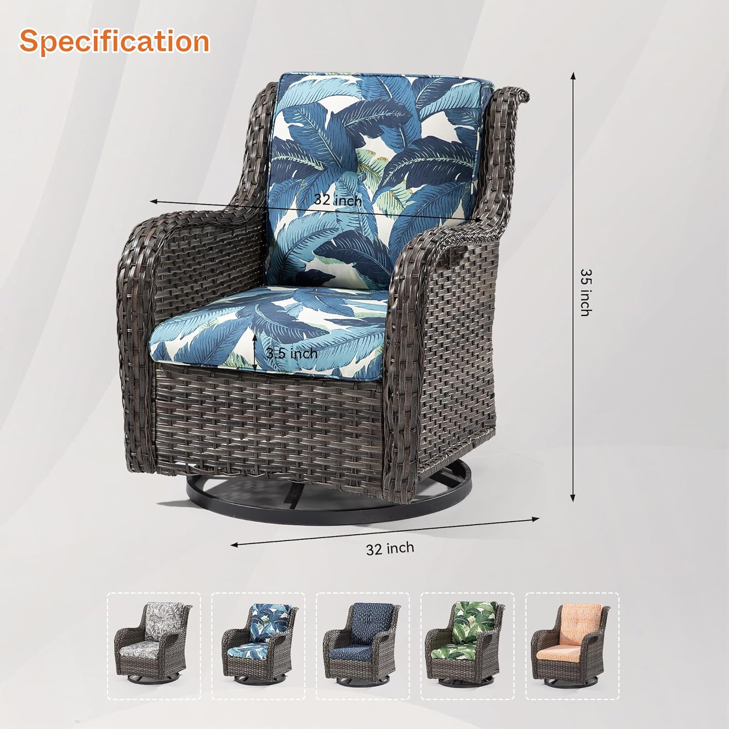Gardenbee Silla mecedora giratoria para exteriores, sillas giratorias de patio con respaldo alto, muebles de mimbre, 1 mecedora giratoria de ratán