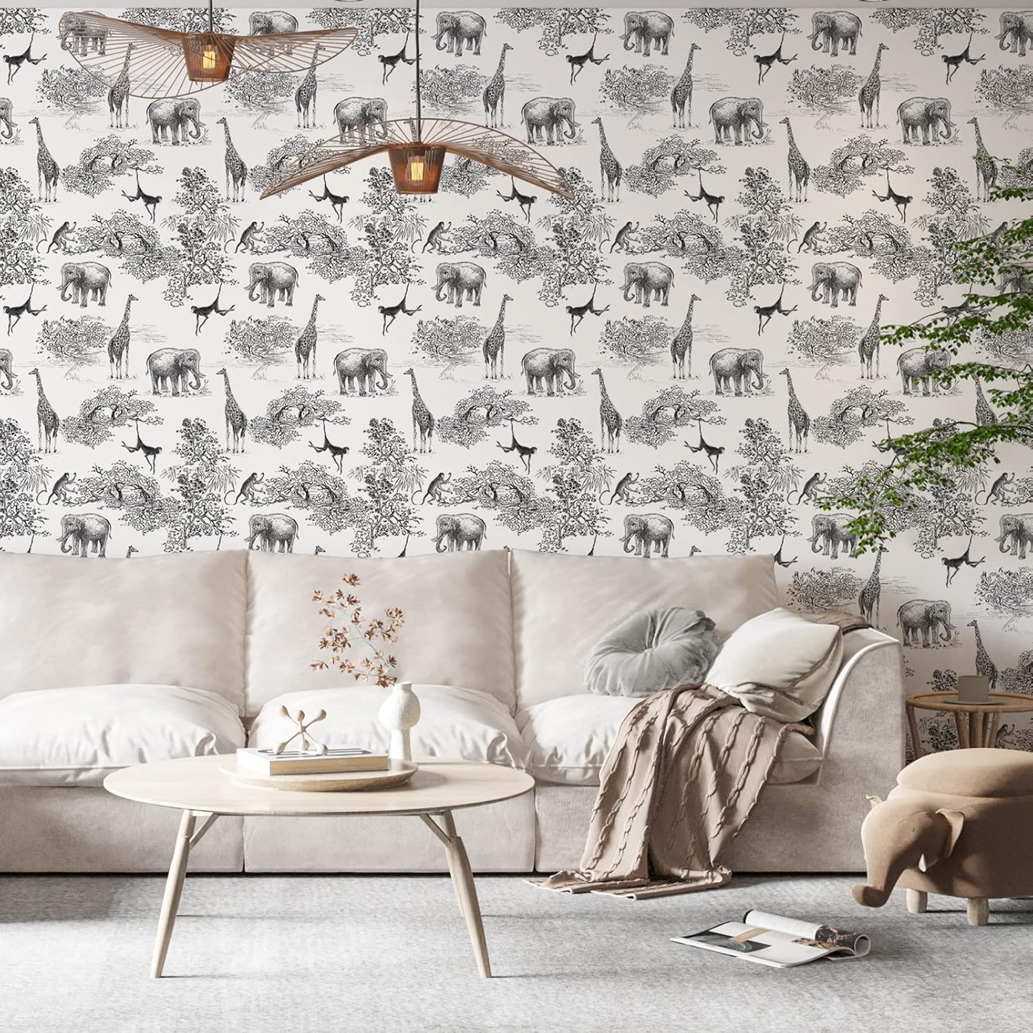 Papel tapiz autoadhesivo con diseño de jirafa y elefante, color negroblanco, para habitación de los niños, papel tapiz de animales del bosque, papel