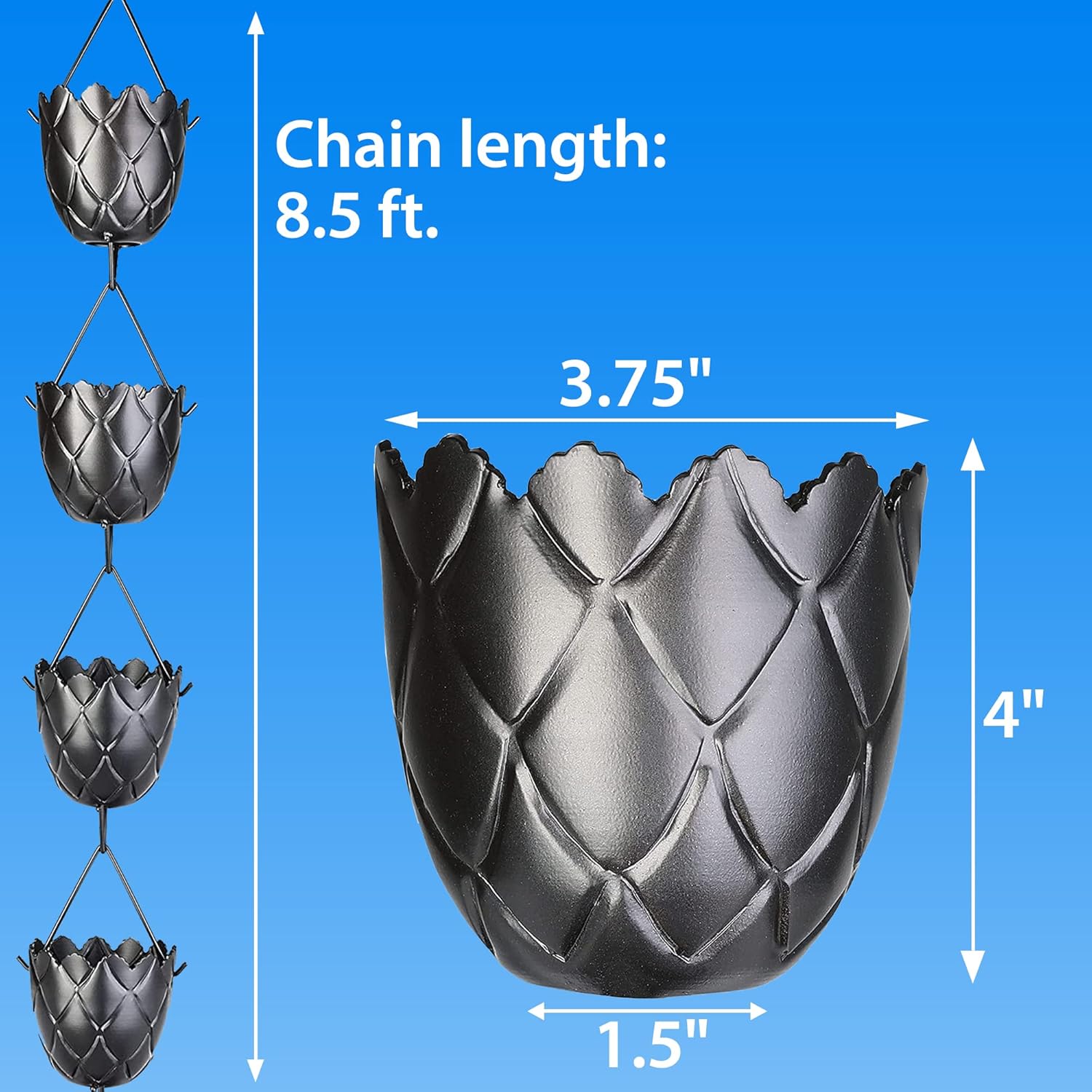 Cadena de lluvia de 8.5 pies de longitud – Recambio funcional y decorativo para canaletas – Colector de canaletas de cadena de lluvia – Desviador de
