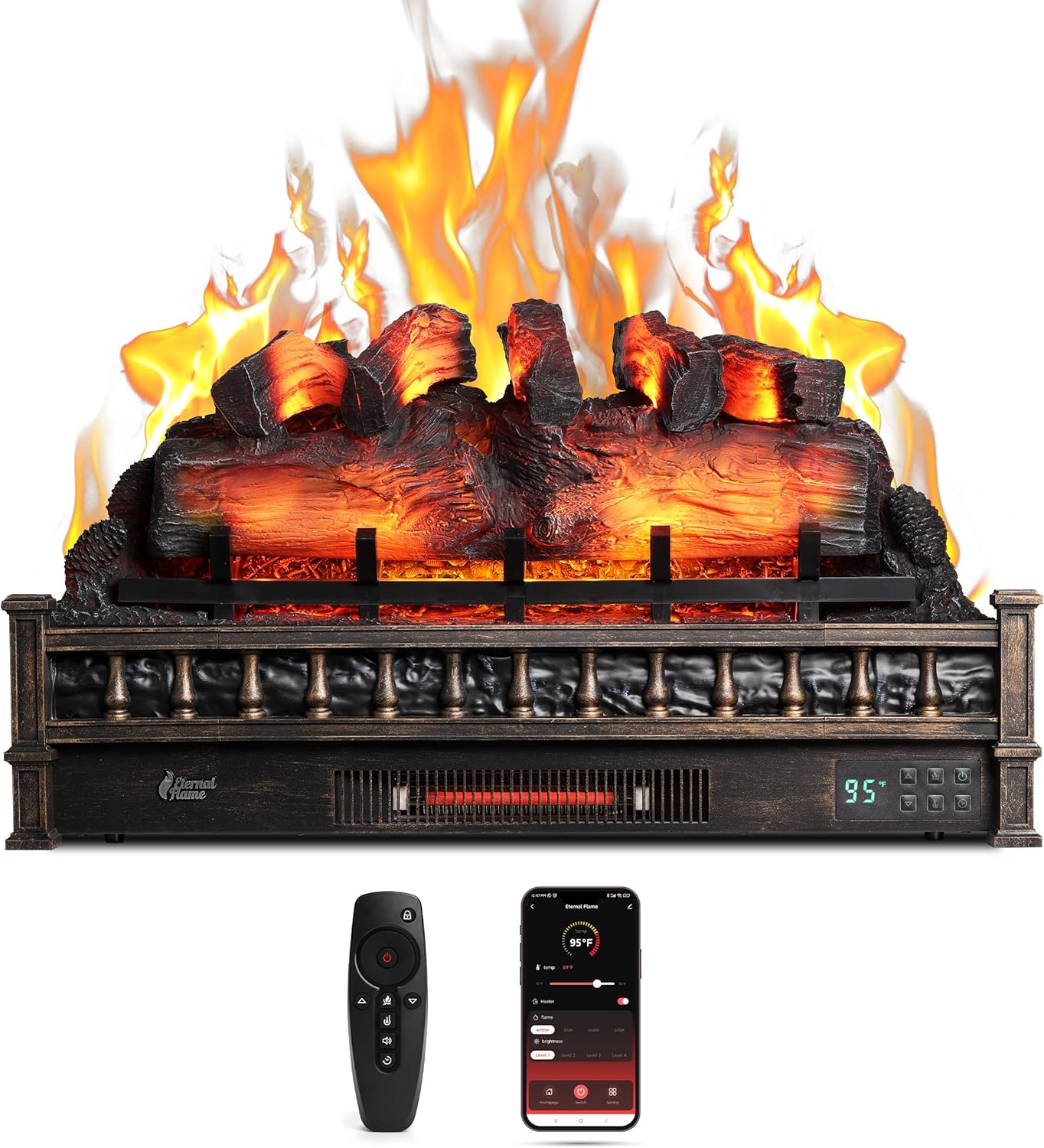 TURBRO Eternal Flame – Calentador eléctrico de cuarzo infrarrojo WiFi de 30 pulgadas con sonido crujiente, troncos de madera de pino realistas,