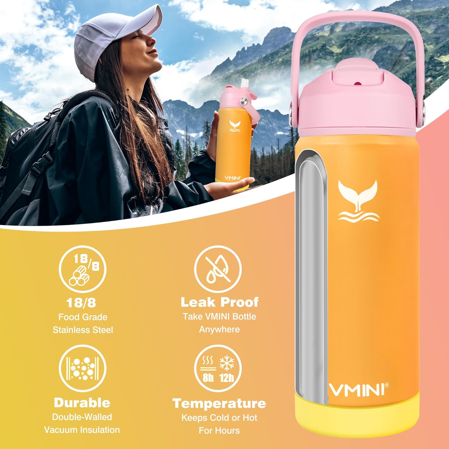 Botella de agua, botella de agua aislada con popote y bota, botella de agua de acero inoxidable para deportes y viajes, termo aislado para hombres,