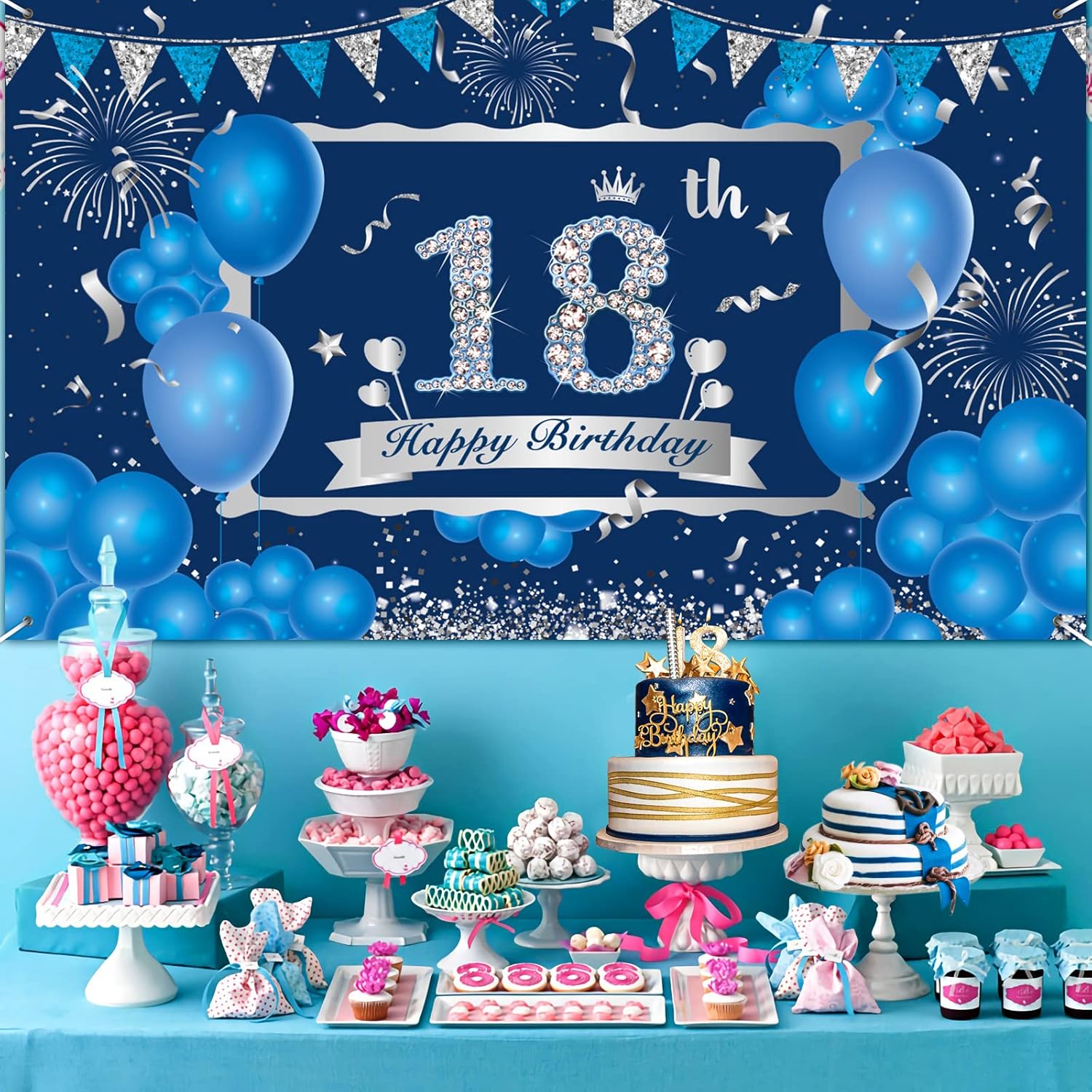 Cartel azul de decoración de cumpleaños número 18 para niños y niñas, telón de fondo azul marino y plateado de feliz cumpleaños 18, suministros de