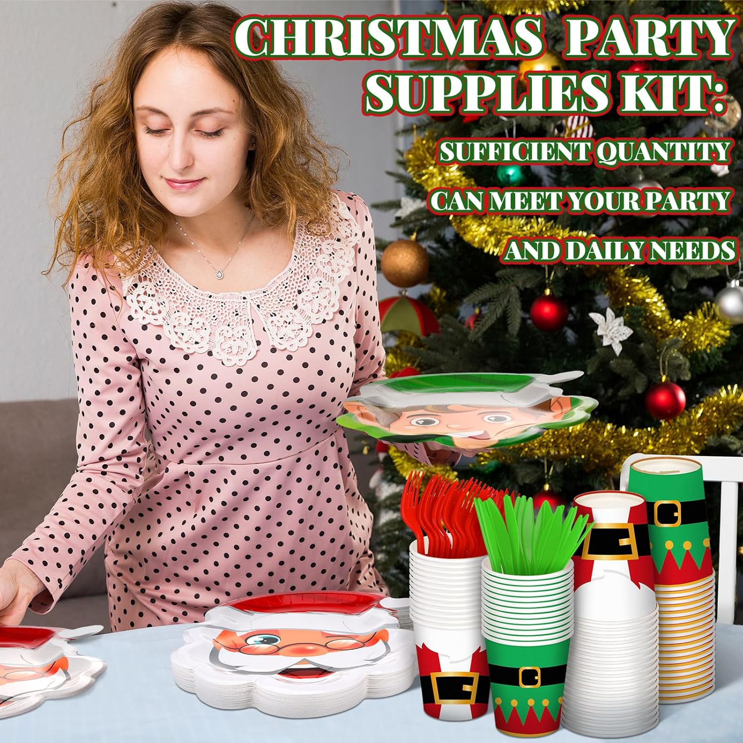 Juego de vajilla desechable de 350 piezas de Navidad, sirve 50, platos de papel de elfo de Papá Noel, servilletas lindas, tazas de cinturón de Papá