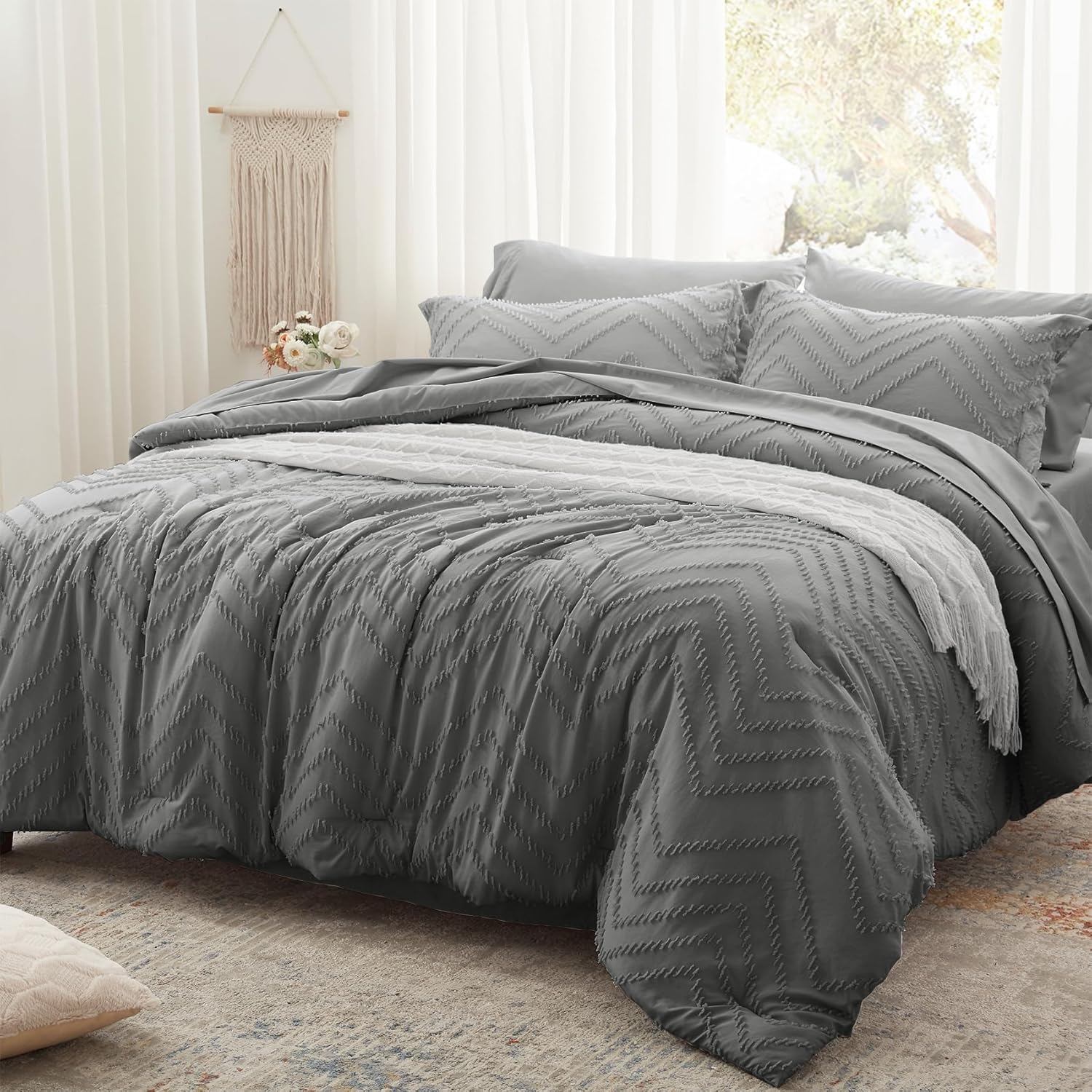 Anluoer – Juego de edredón tamaño King, color gris, con relieve, 7 piezas, para todas las estaciones, incluye 1 edredón, 2 fundas de almohada, 2