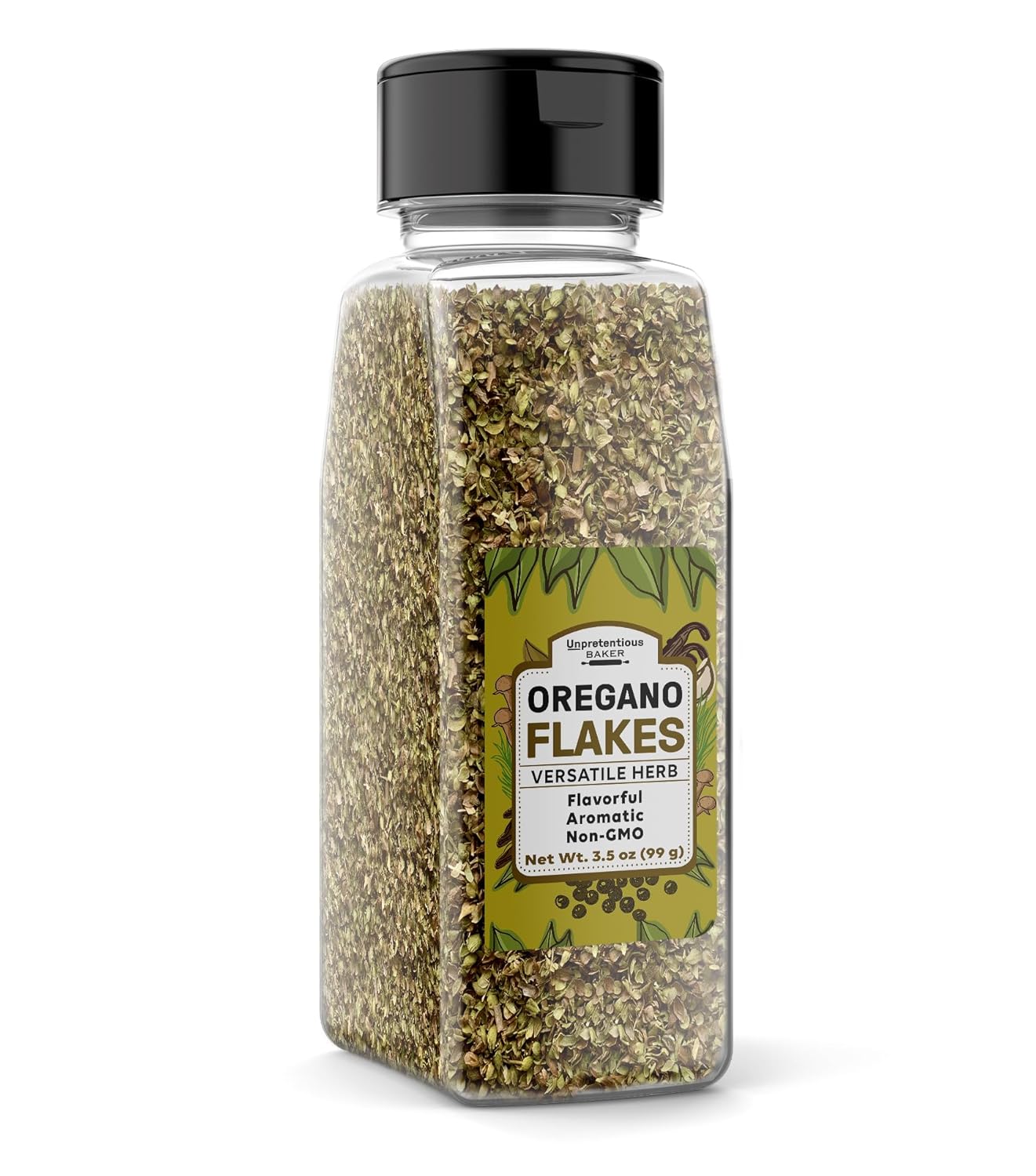 Unpretentious Copos de orégano, 3.5 onzas, rico sabor, hierba versátil, recipiente conveniente